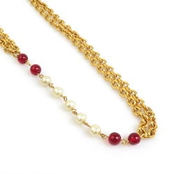 CHANEL Necklace Metal Faux Pearl Glass Stone Gold Off-White Red Women's e58795a