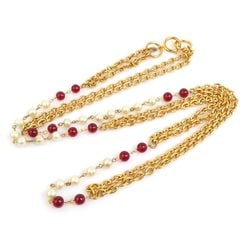 CHANEL Necklace Metal Faux Pearl Glass Stone Gold Off-White Red Women's e58795a