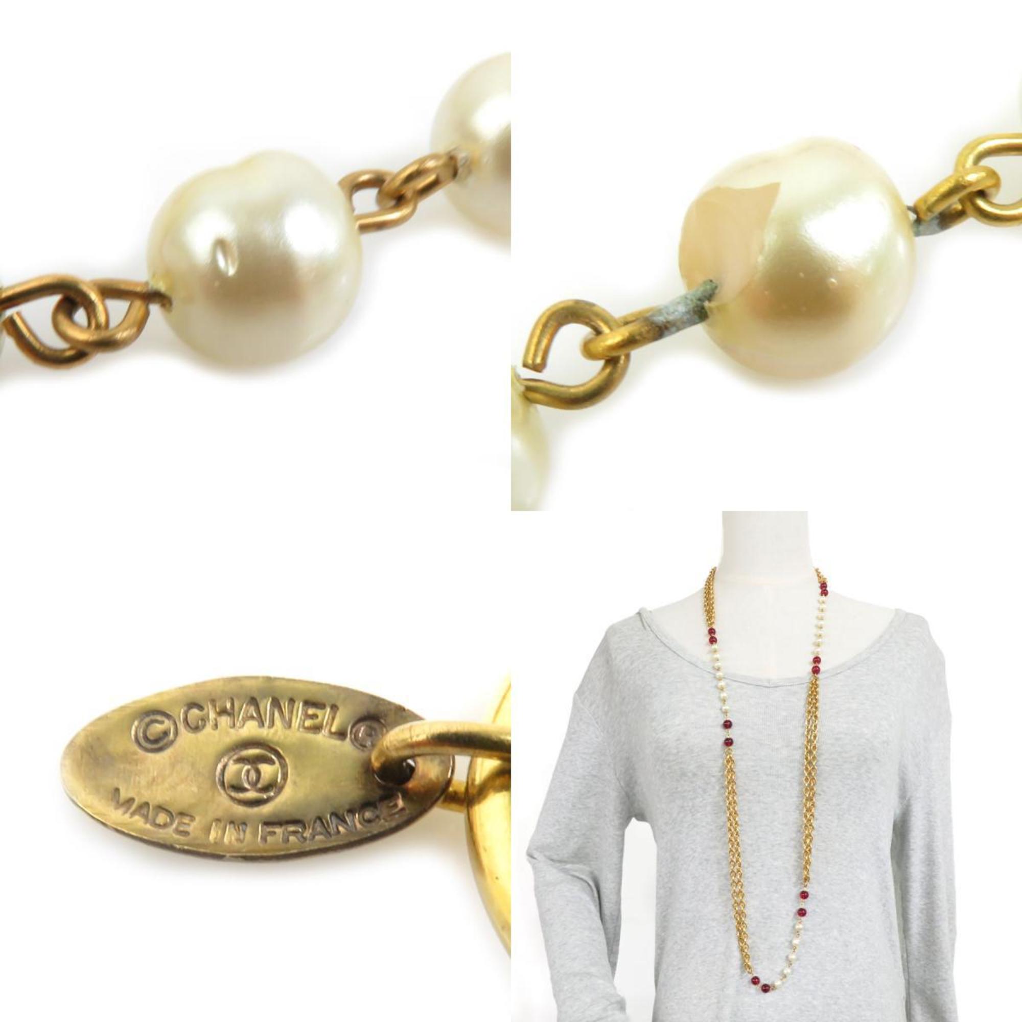 CHANEL Necklace Metal Faux Pearl Glass Stone Gold Off-White Red Women's e58795a