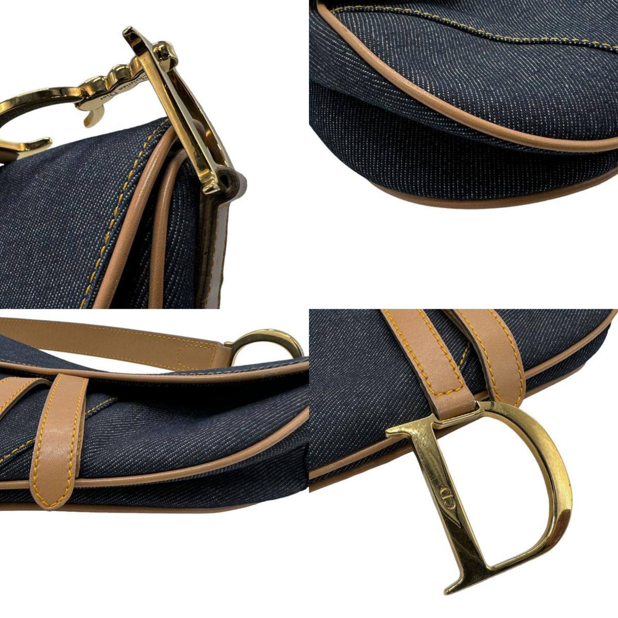 Christian Dior Shoulder Bag Saddle Denim Leather Navy x Beige Women's n0009