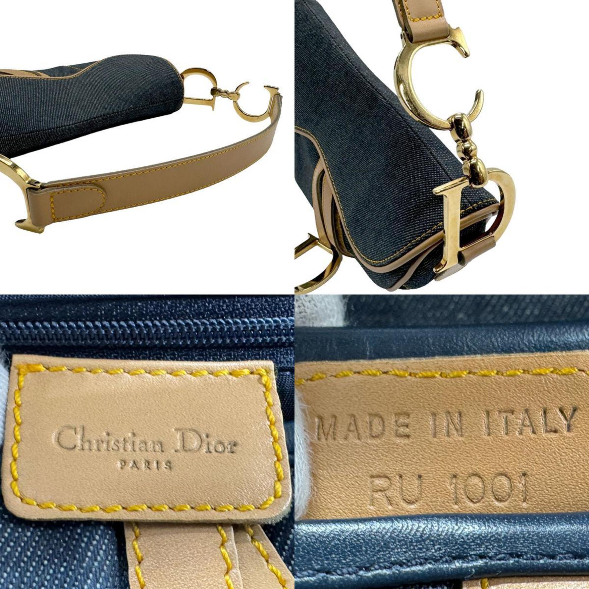 Christian Dior Shoulder Bag Saddle Denim Leather Navy x Beige Women's n0009