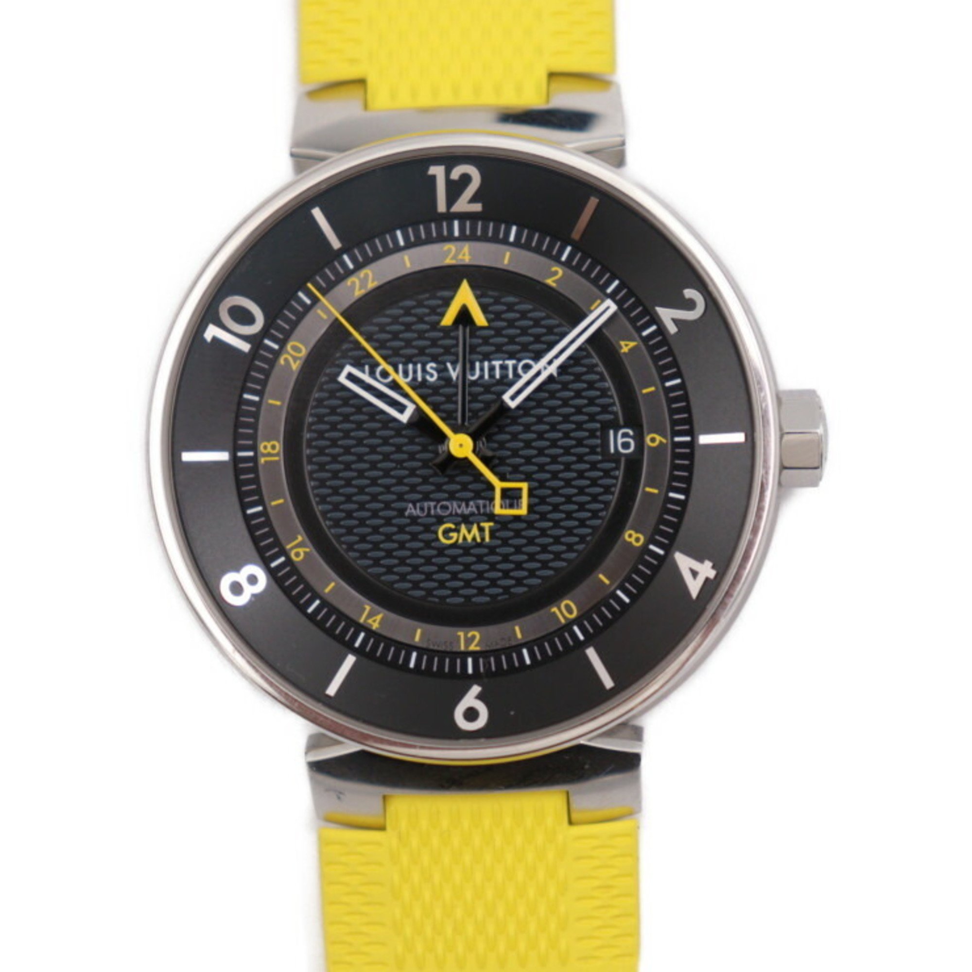 LOUIS VUITTON Louis Vuitton Tambour Moon GMT Watch Q8D30 Stainless Steel Rubber Silver Black Dial Yellow Automatic