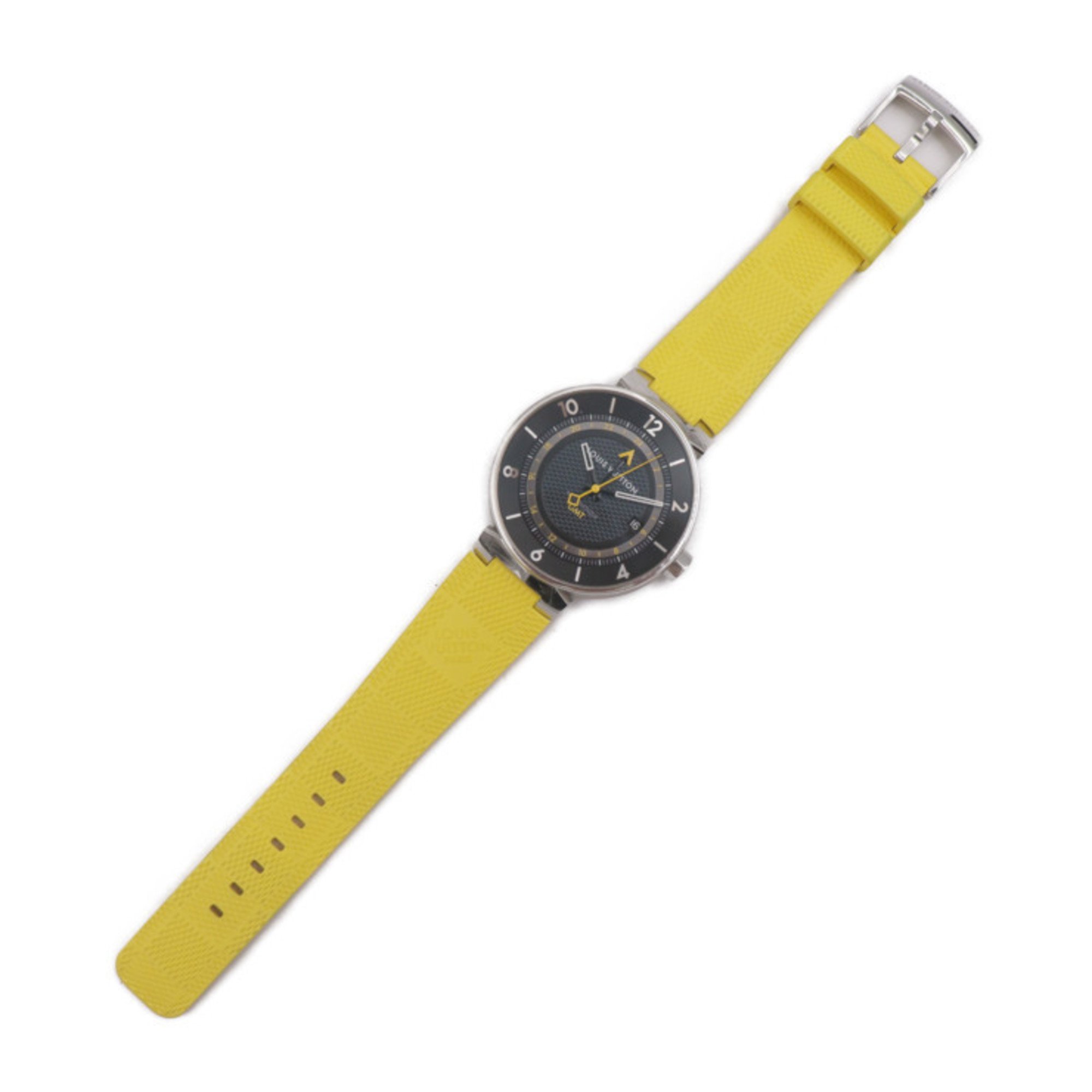 LOUIS VUITTON Louis Vuitton Tambour Moon GMT Watch Q8D30 Stainless Steel Rubber Silver Black Dial Yellow Automatic