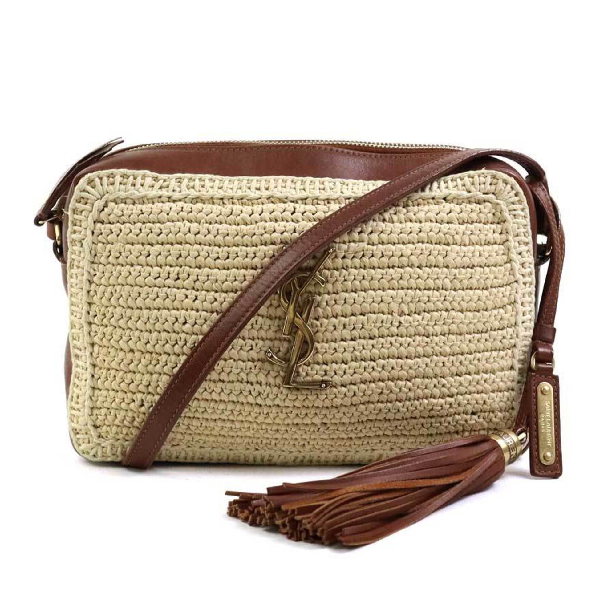 Saint Laurent SAINT LAURENT Shoulder Bag Raffia Leather Beige Brown Gold Women's e58784f