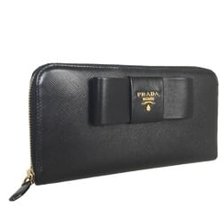 PRADA Saffiano Ribbon Round Zip Long Wallet for Women, Leather, Black, 1ML506