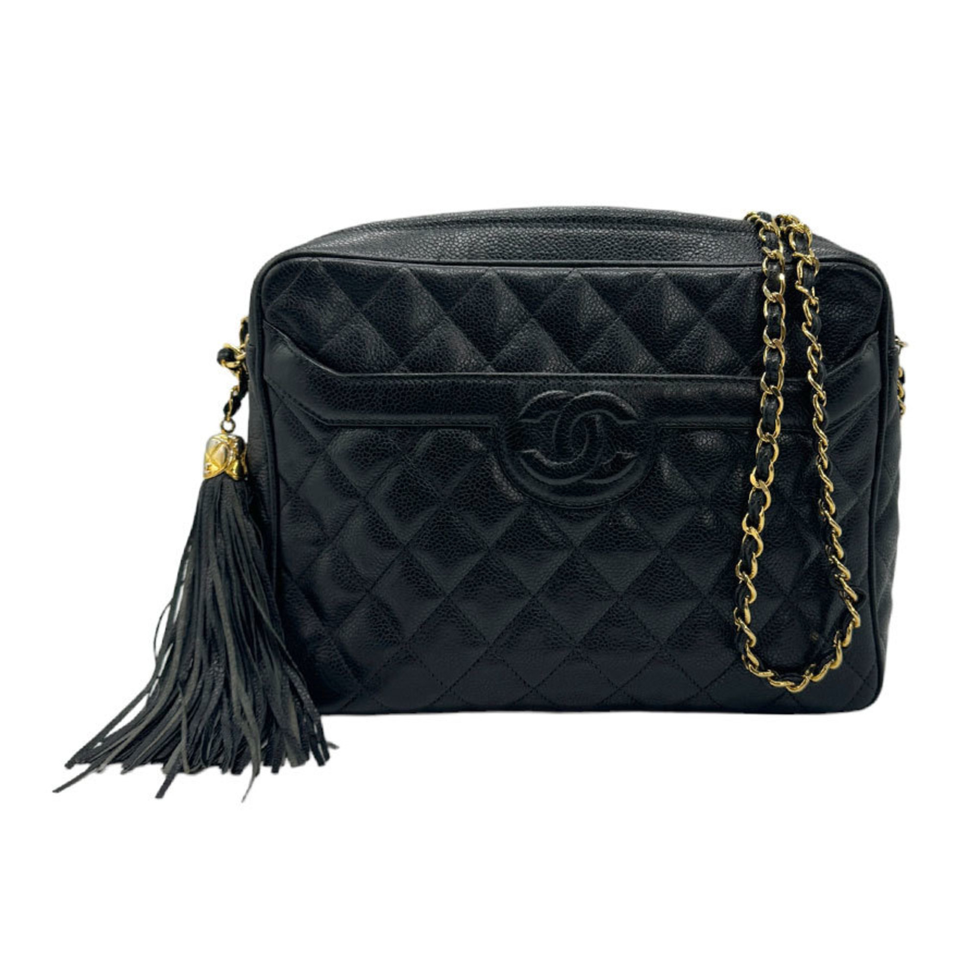 CHANEL Shoulder Bag Caviar Skin Leather Black Women's z0908