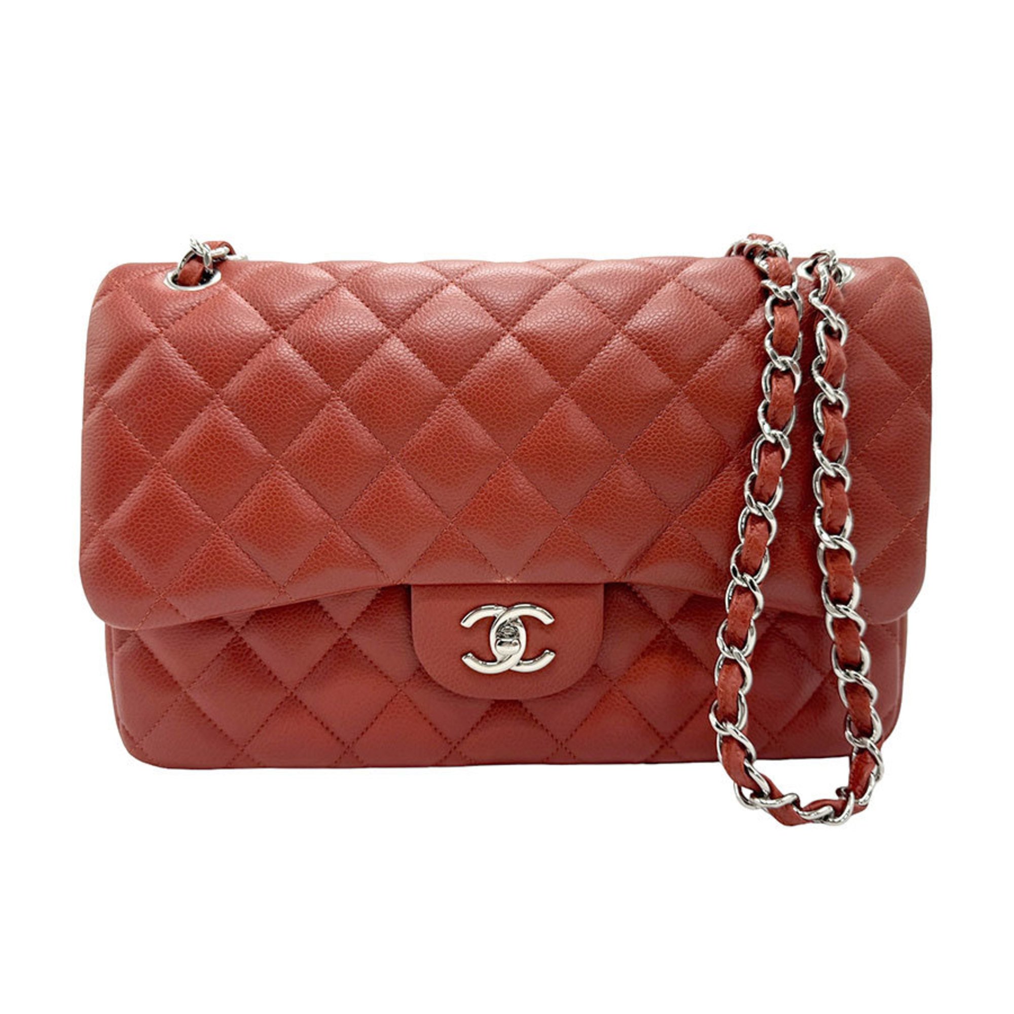 CHANEL Shoulder Bag Matelasse 30 Caviar Skin Leather Orange Brown Silver Women's z1689