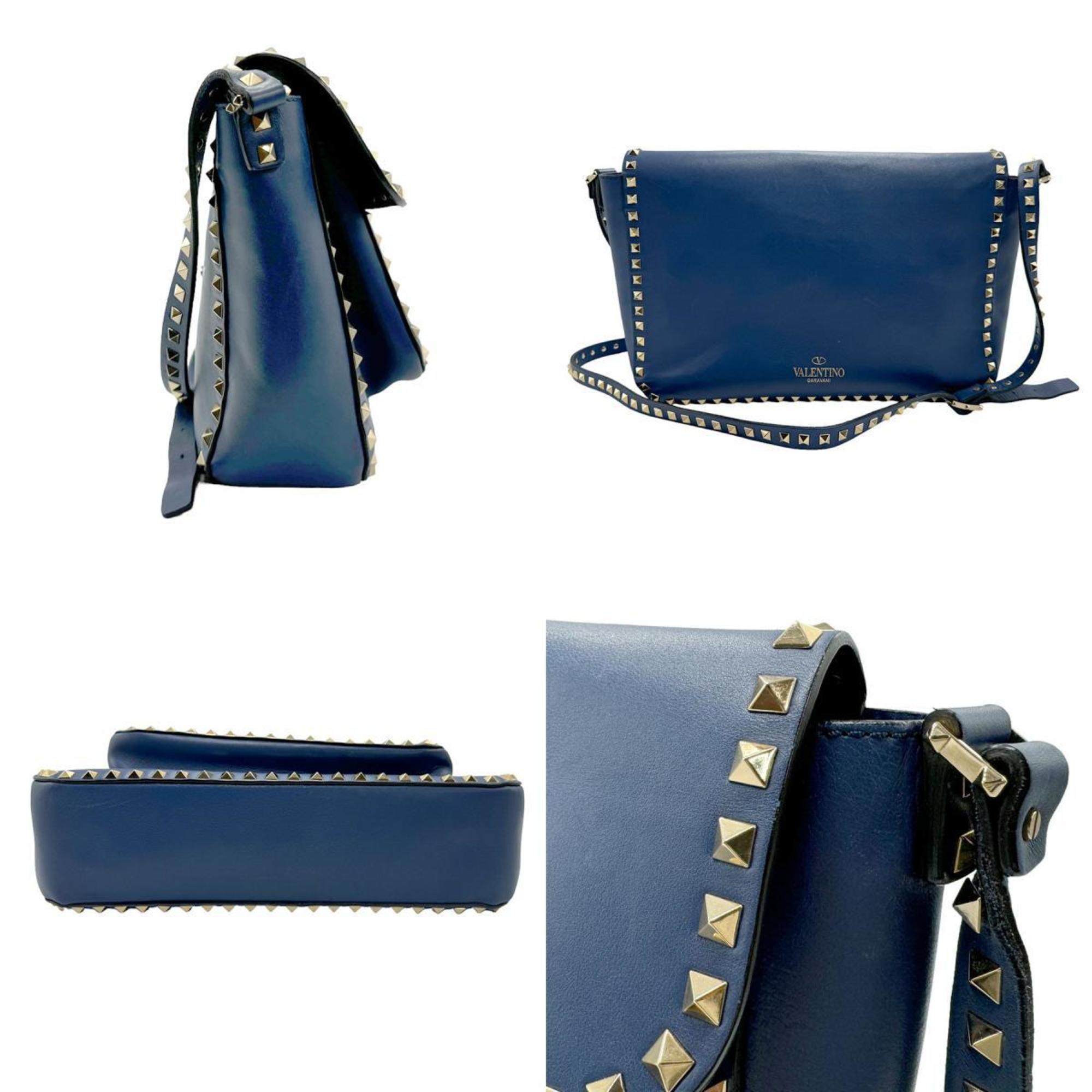 Valentino Garavani Shoulder Bag Rockstud Leather Metal Blue Women's z1643