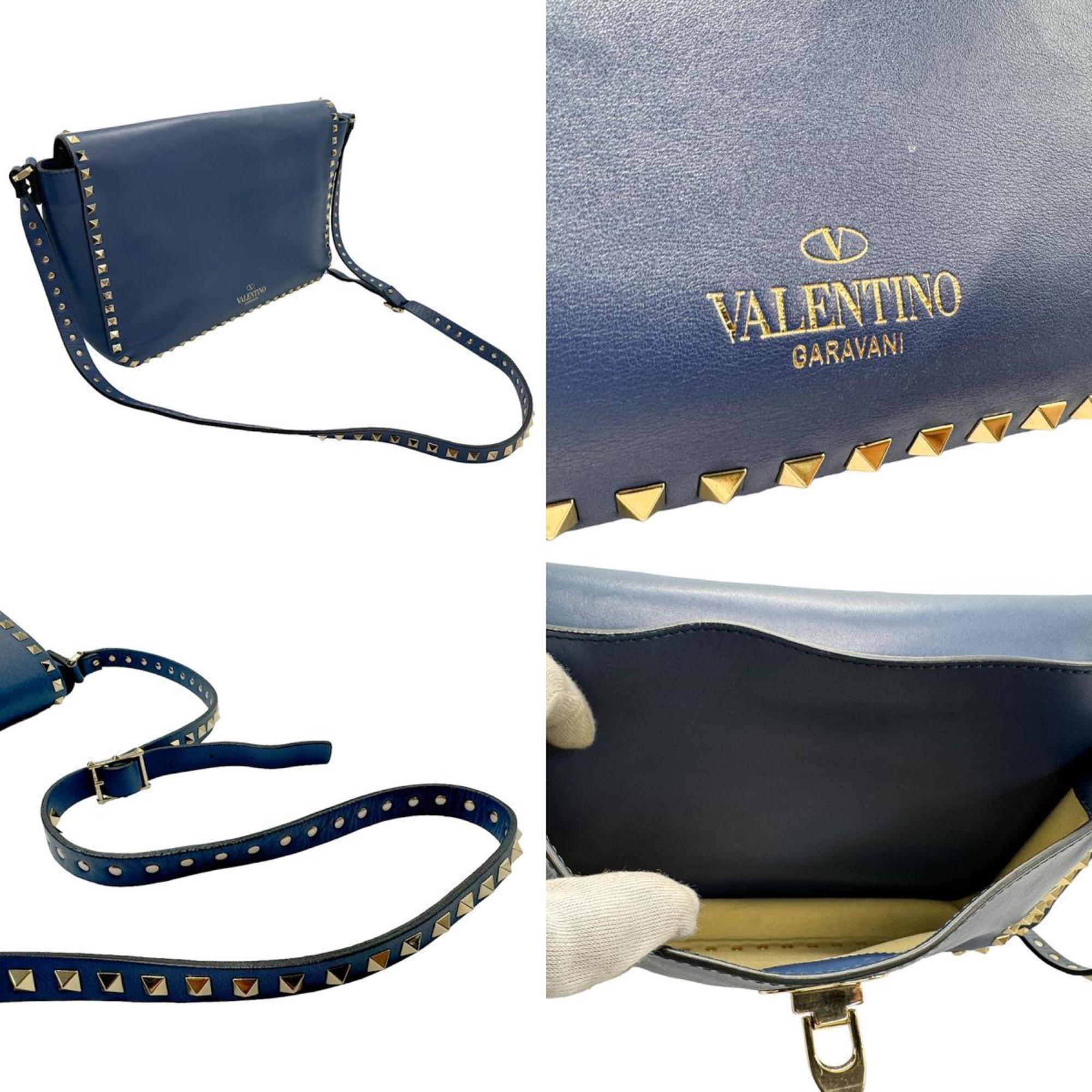 Valentino Garavani Shoulder Bag Rockstud Leather Metal Blue Women's z1643