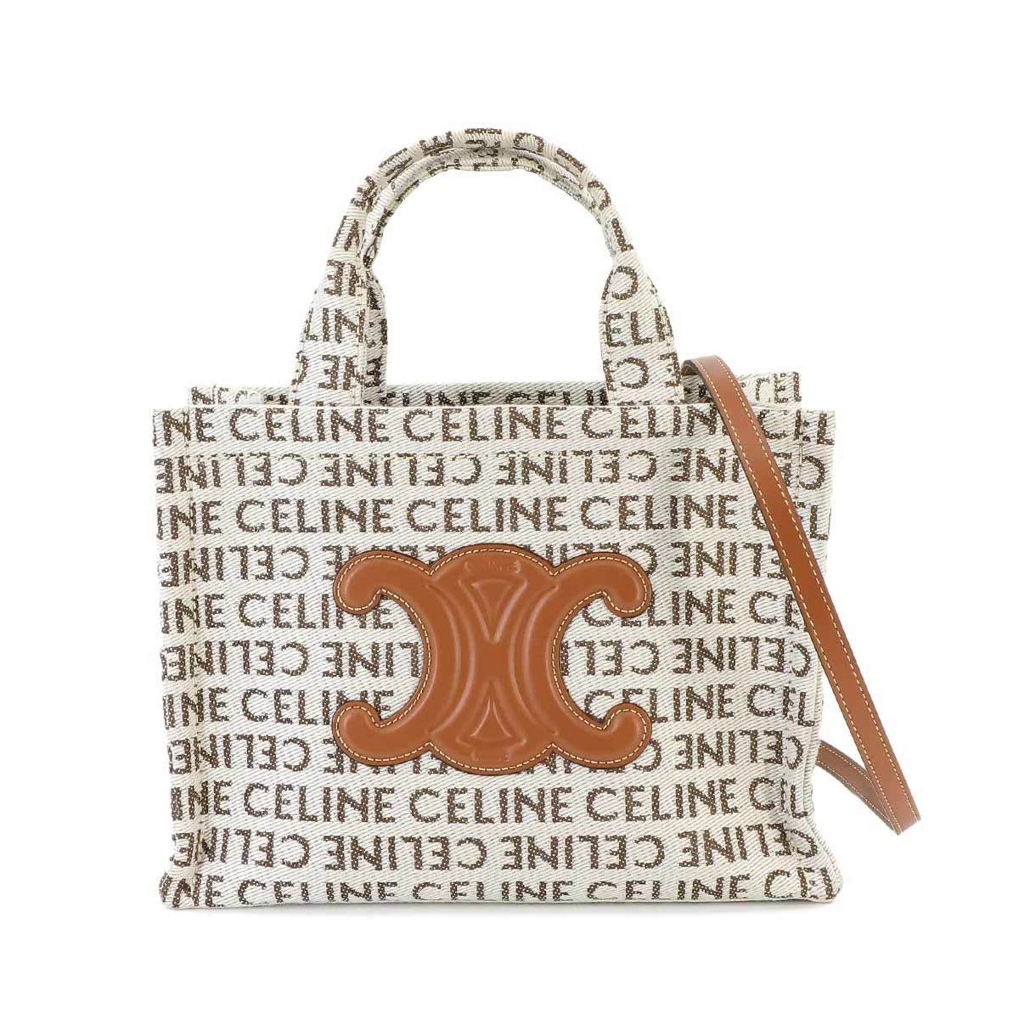 CELINE Triomphe Small Cabas Thais 2way Tote Shoulder Bag Canvas Leather Natural Tan 199162FEF