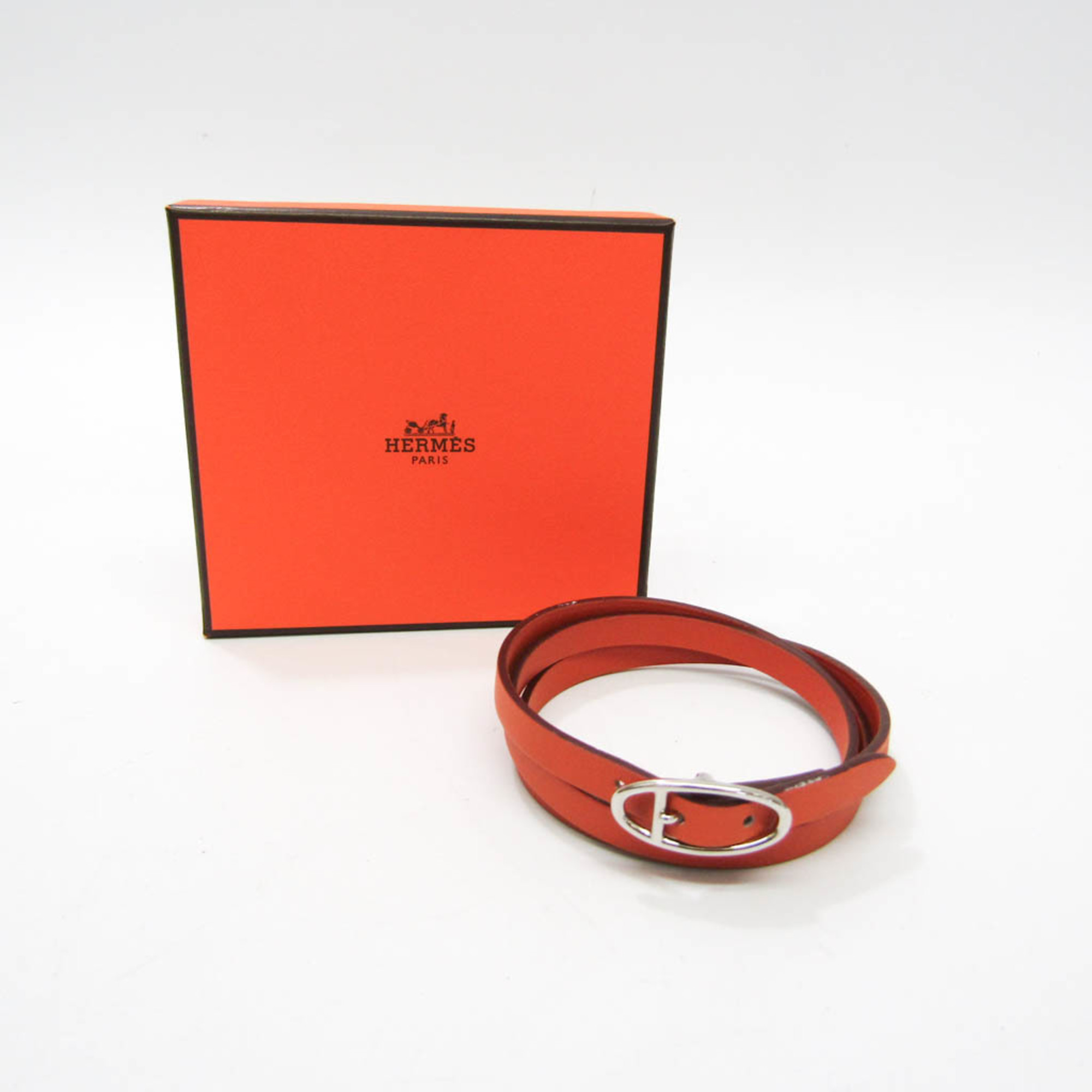 Hermes Hapi Choker Leather,Metal Bangle Orange,Silver