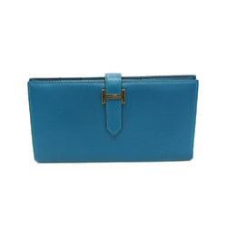 Hermes BEARN SOUFFLET Men,Women Tadelakt Leather Long Wallet (bi-fold) Blue Green