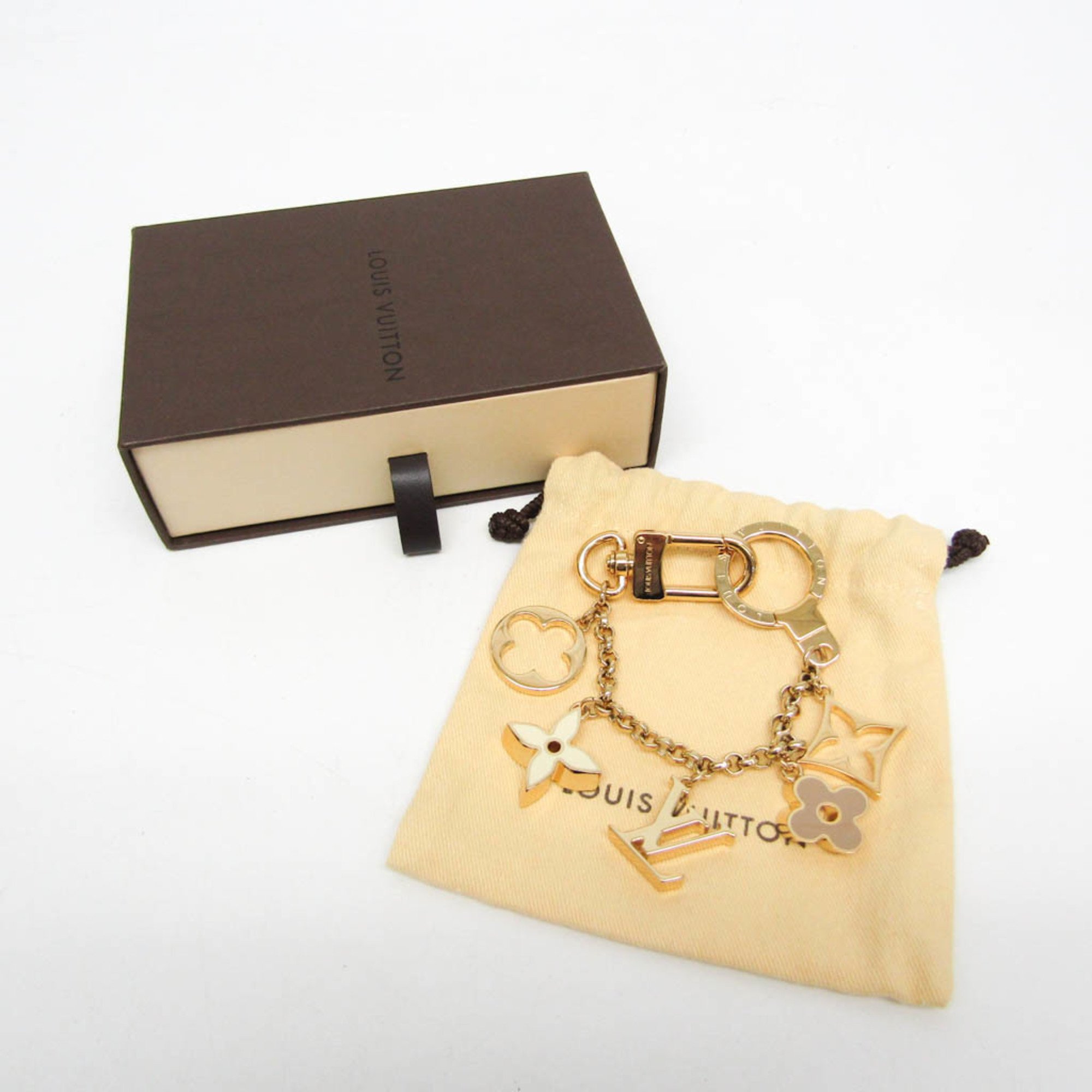 Louis Vuitton Bag Charm Chain Fleur De Monogram M65111 Keyring (Cream,Gold)
