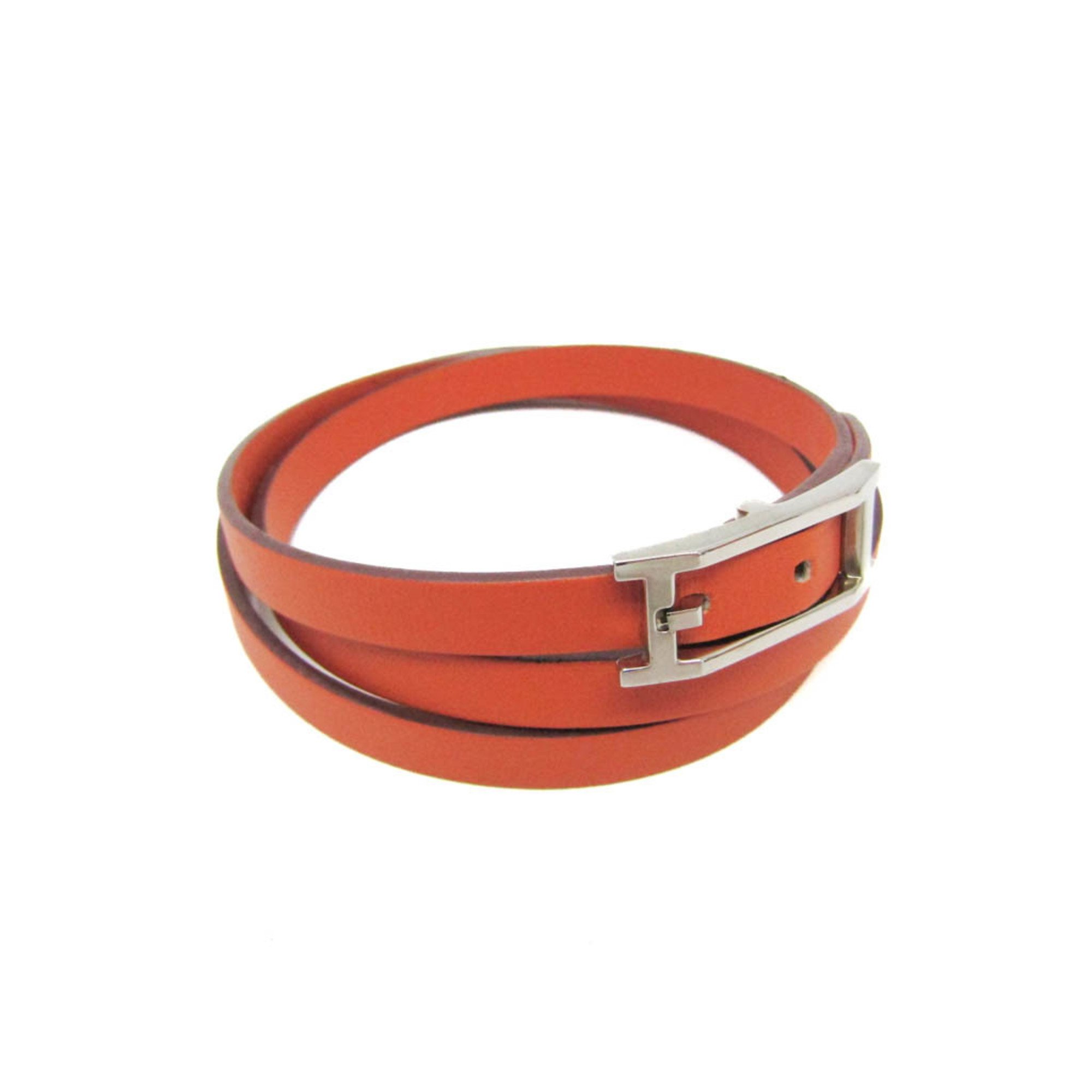 Hermes Choker Leather,Metal Bangle Orange,Silver