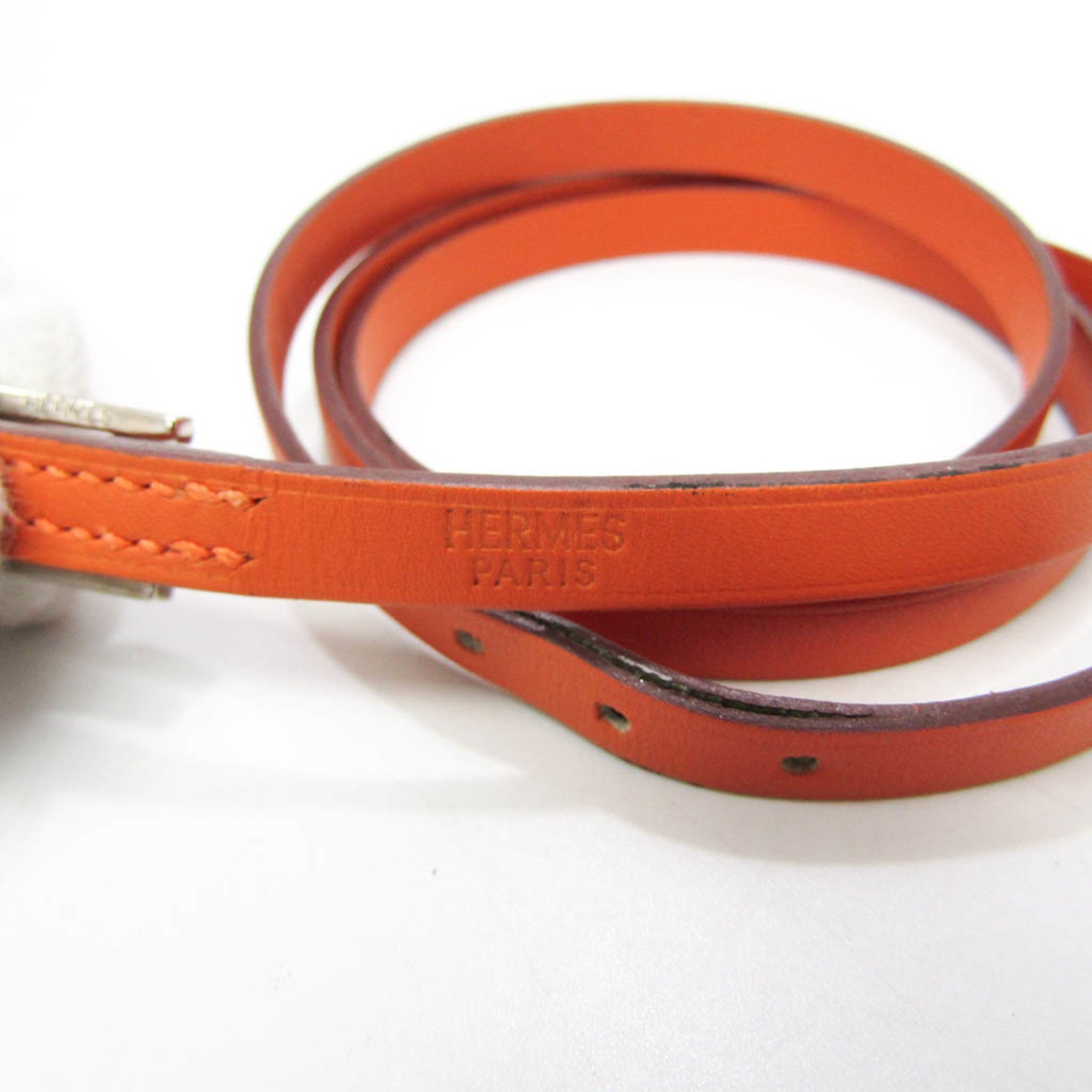 Hermes Choker Leather,Metal Bangle Orange,Silver