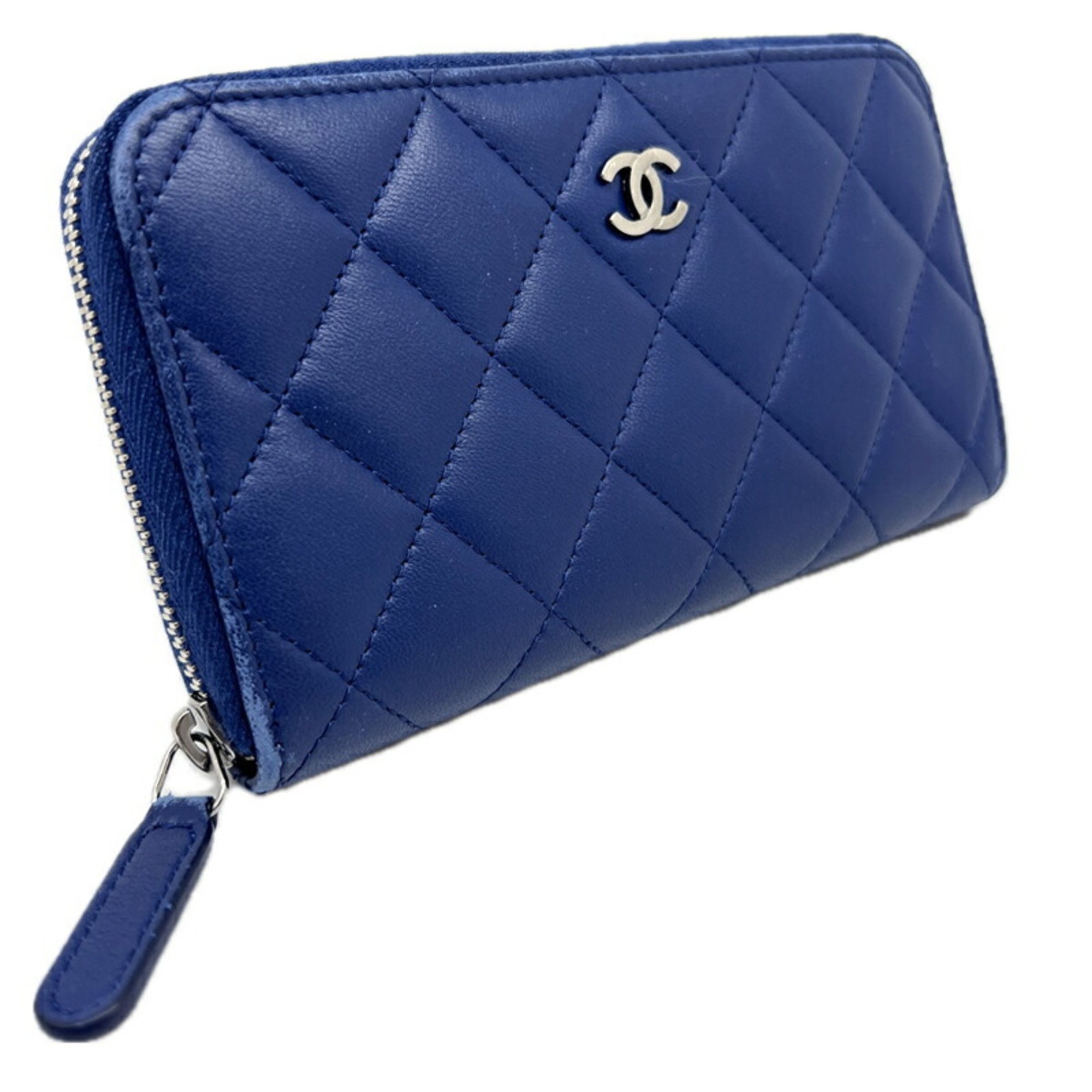 CHANEL Chanel Medium Wallet Blue Lambskin Silver Bill Compartment Coin Wallet/Coin Case Accessories Leather Goods Women Men