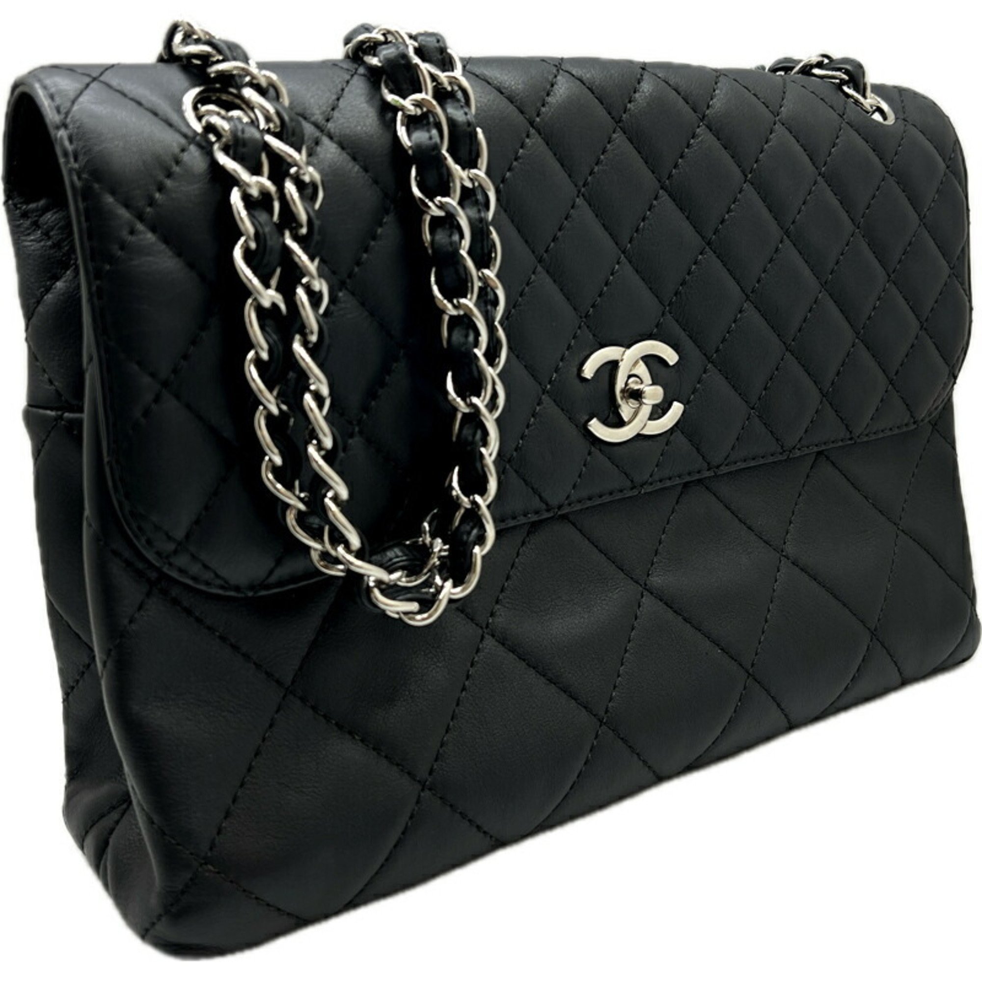 CHANEL Chanel Deca Matelasse Single Flap Leather Black Chain Bag Double Shoulder for Women and Men