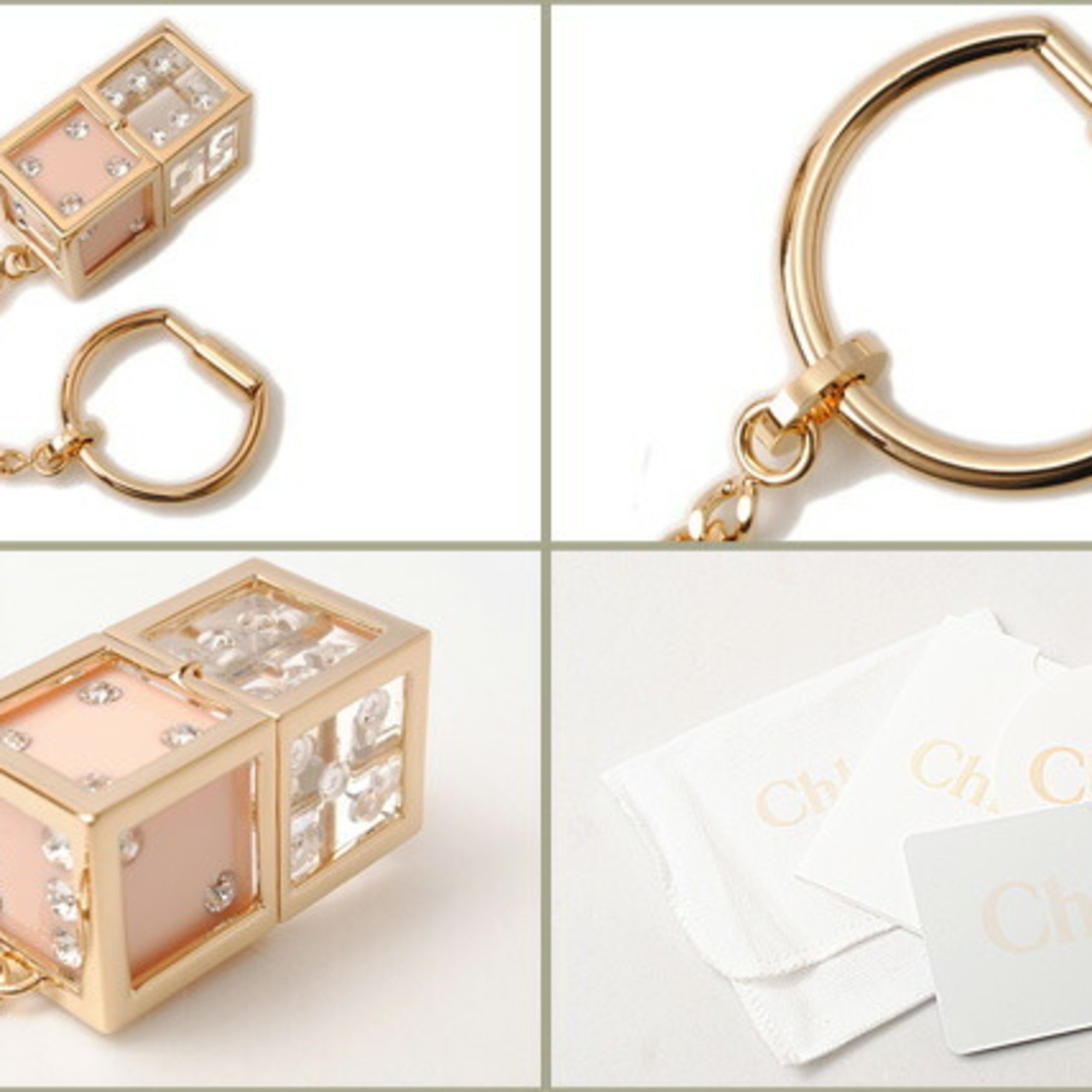 Chloé Chloe Keychain Keyring Dice Motif Rhinestone Crystal Rose 3K0394-PM4