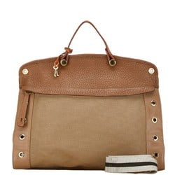 Furla handbag shoulder bag beige brown canvas leather women's