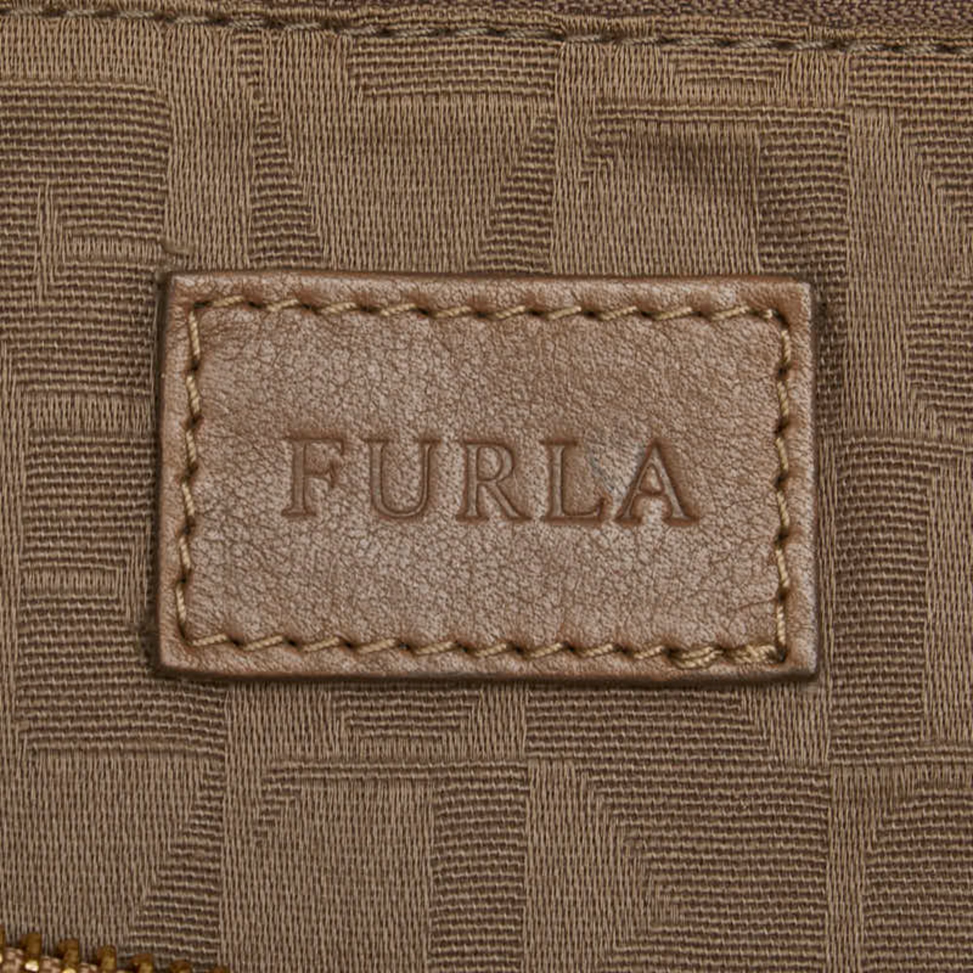 Furla handbag shoulder bag beige brown canvas leather women's