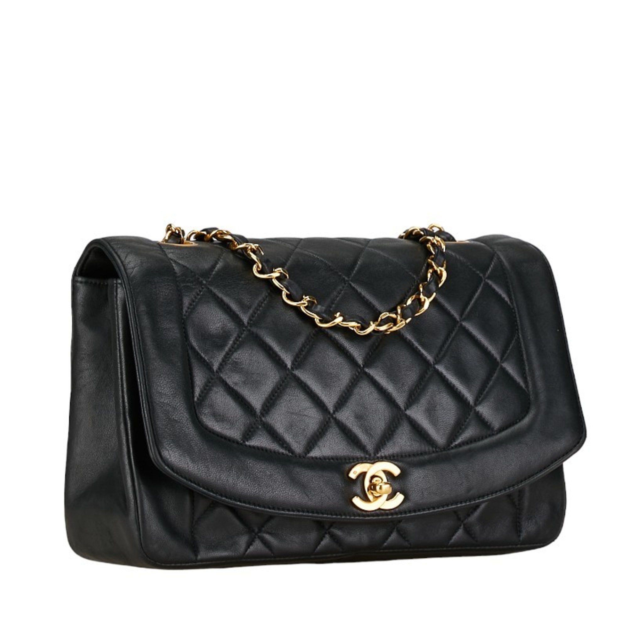 CHANEL Matelasse 25 Diana Chain Shoulder Bag Black Lambskin Women's