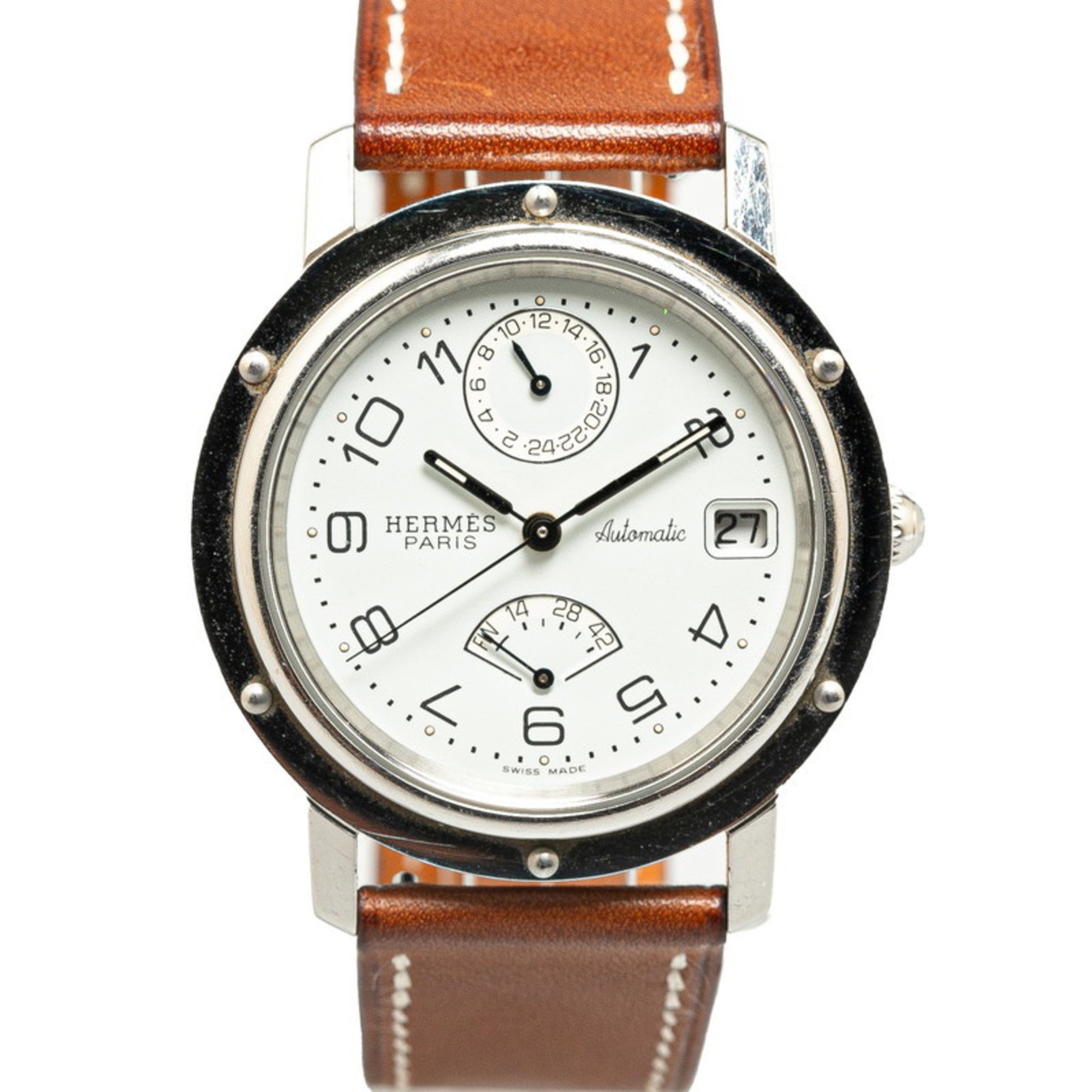 Hermes Clipper Power Reserve Watch CL5.710 Automatic White Dial Stainless Steel Leather Women's HERMES