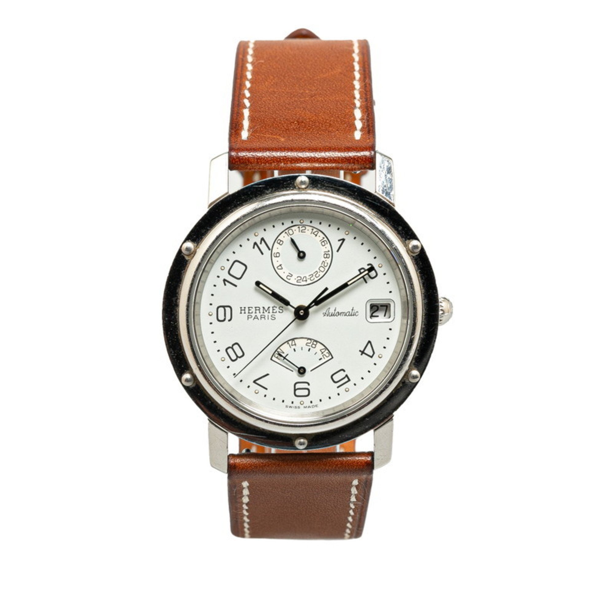 Hermes Clipper Power Reserve Watch CL5.710 Automatic White Dial Stainless Steel Leather Women's HERMES