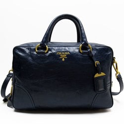 PRADA handbag shoulder bag leather navy gold ladies w0566a