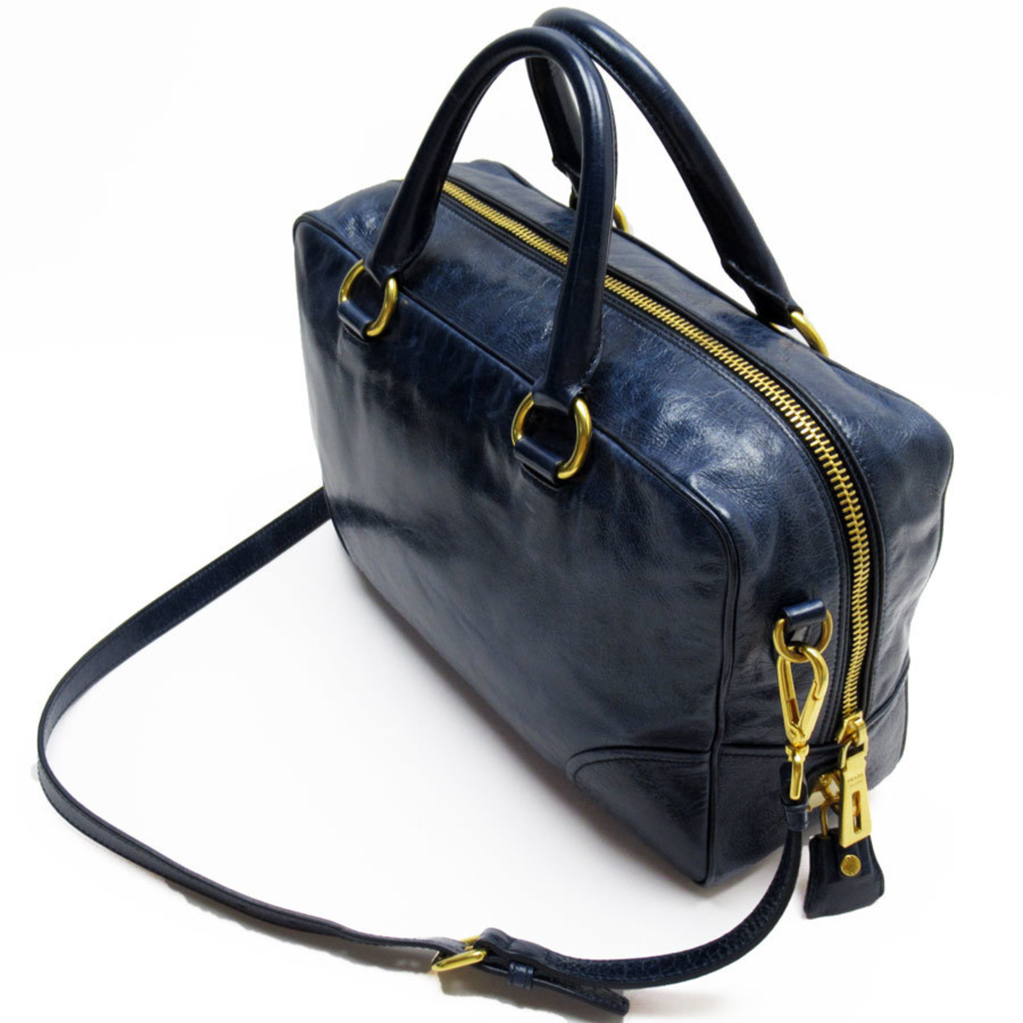 PRADA handbag shoulder bag leather navy gold ladies w0566a