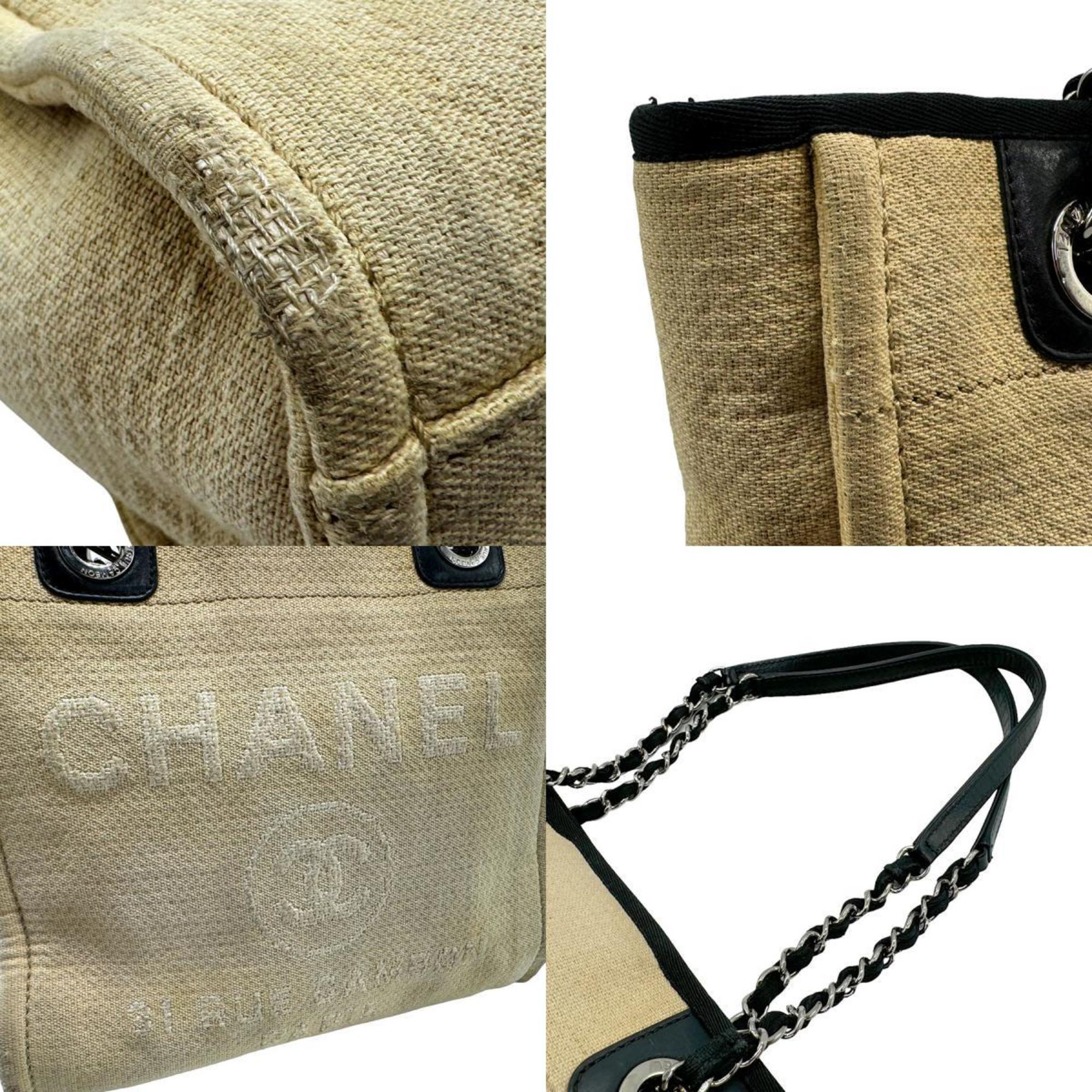 CHANEL Shoulder Bag Deauville PM Canvas Beige Black Silver Women's n0036