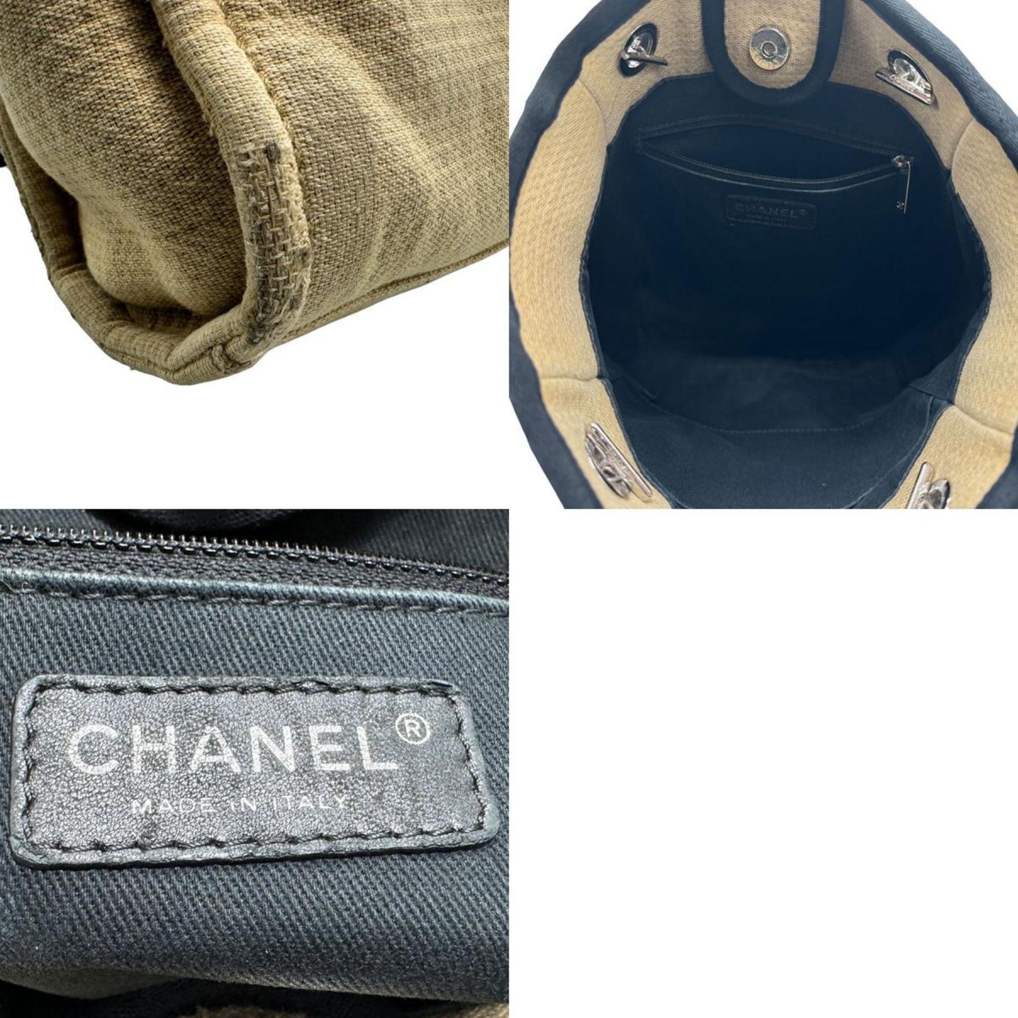 CHANEL Shoulder Bag Deauville PM Canvas Beige Black Silver Women's n0036