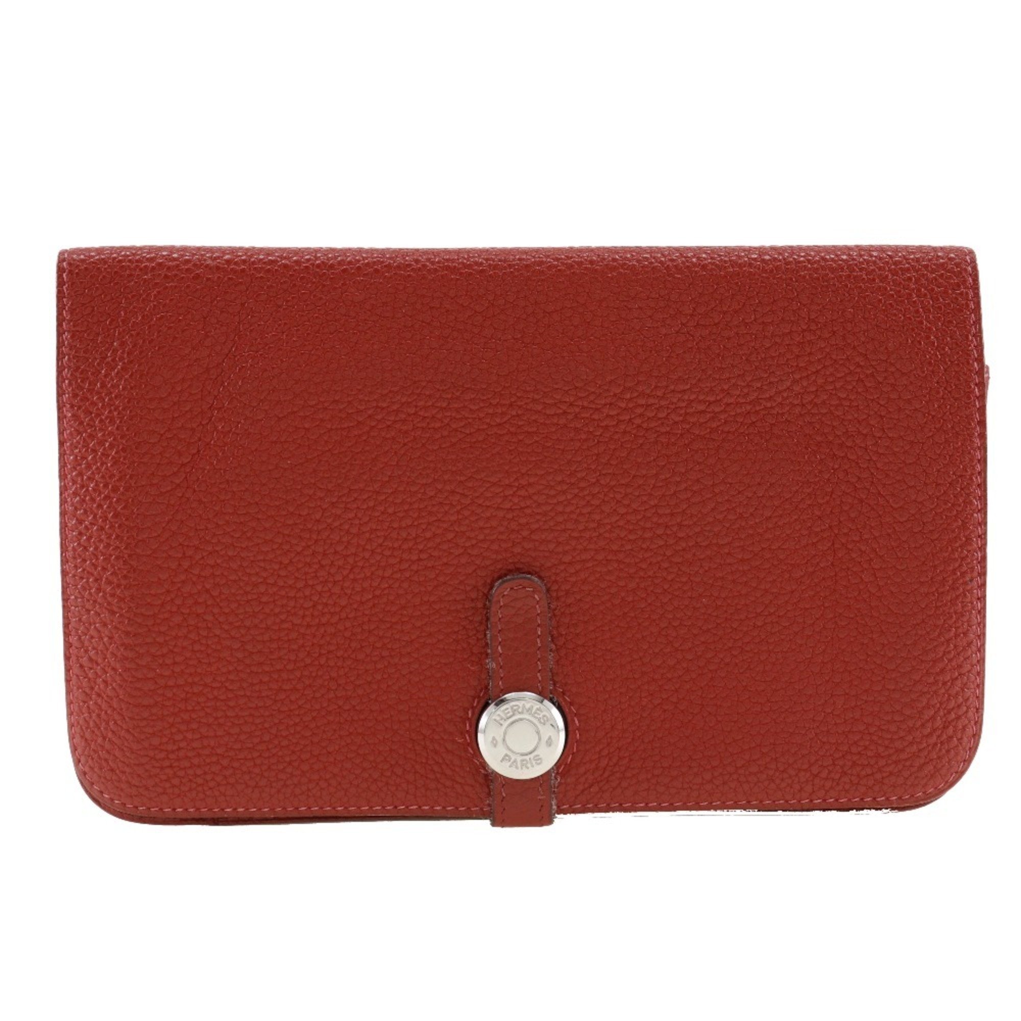 Hermes Dogon Long Wallet Taurillon Clemence Red □H Belt Clasp Women's