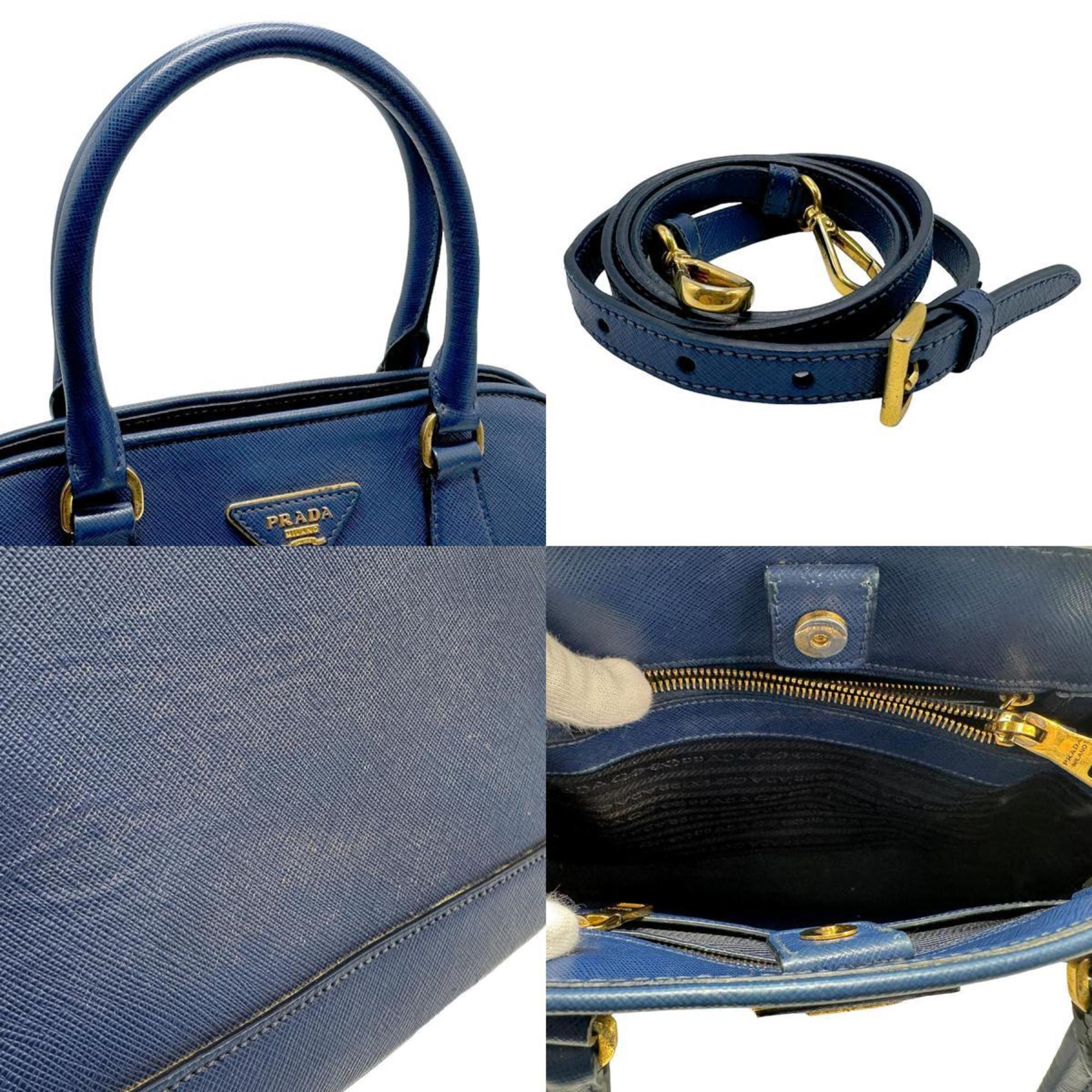 PRADA handbag shoulder bag leather navy blue gold ladies n0039