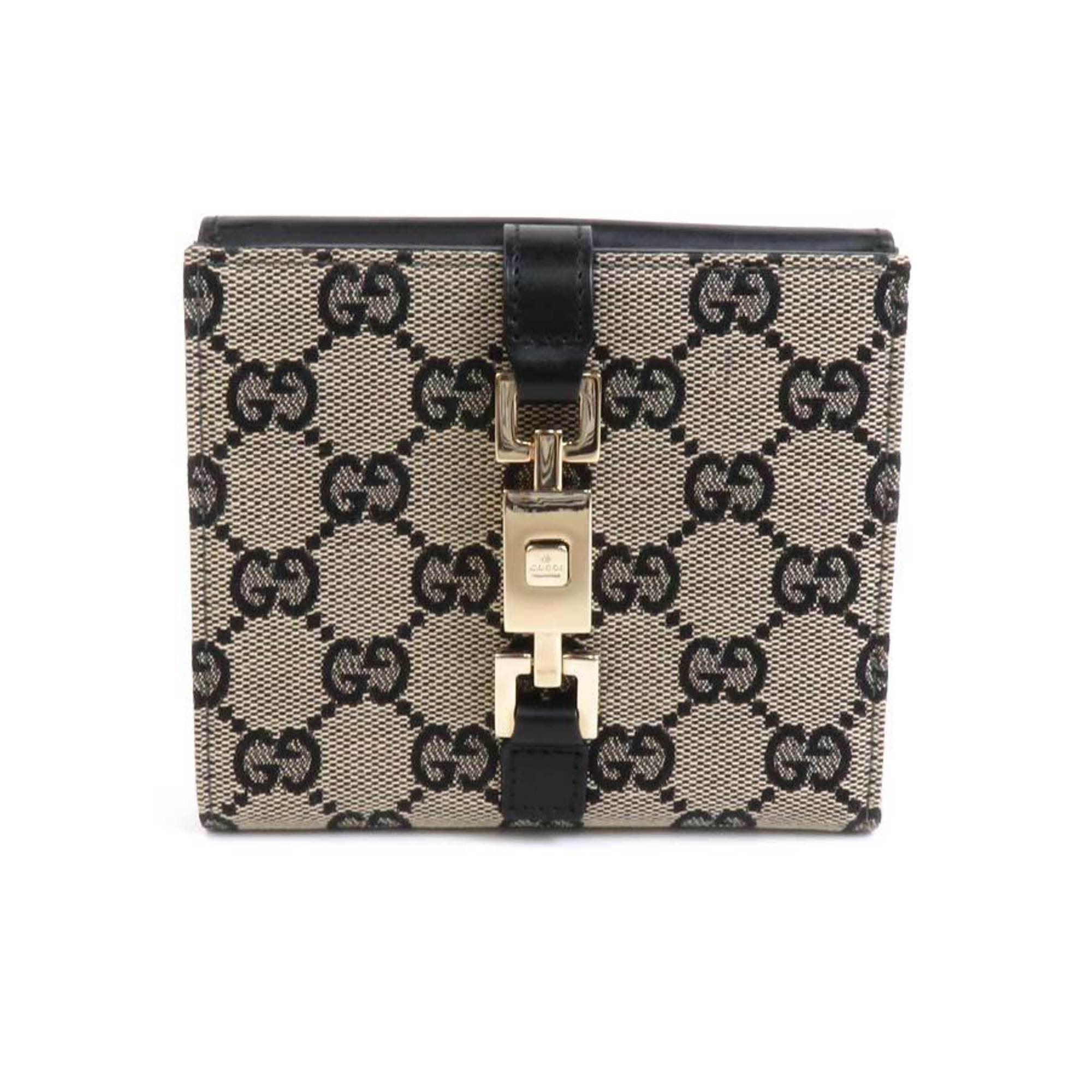 Gucci GUCCI Bi-fold Wallet New Jackie GG Canvas Leather Beige Black Gold Women's e58839g