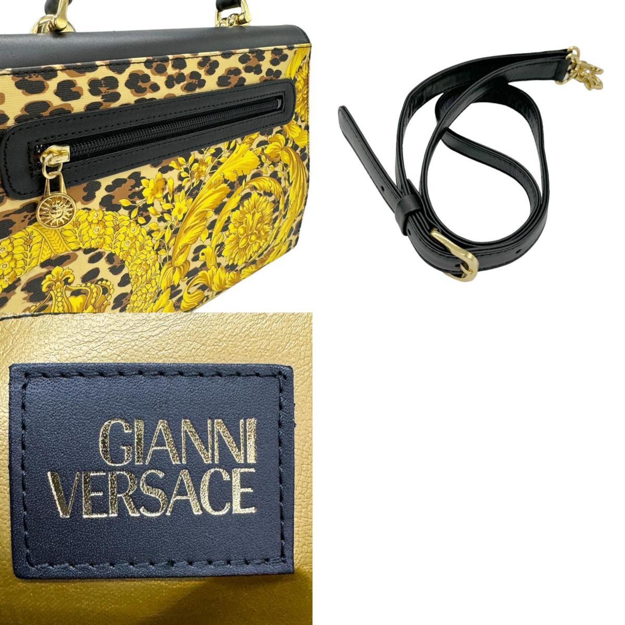 Gianni Versace handbag shoulder bag coated canvas leather beige gold black ladies z0814