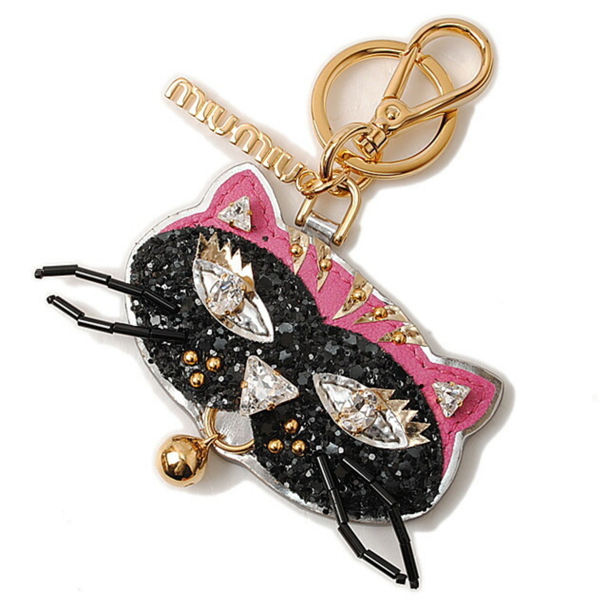 Miu Miu Miu Key Ring Holder Cat Motif 5ARH85 NERO Black Multi Rhinestone