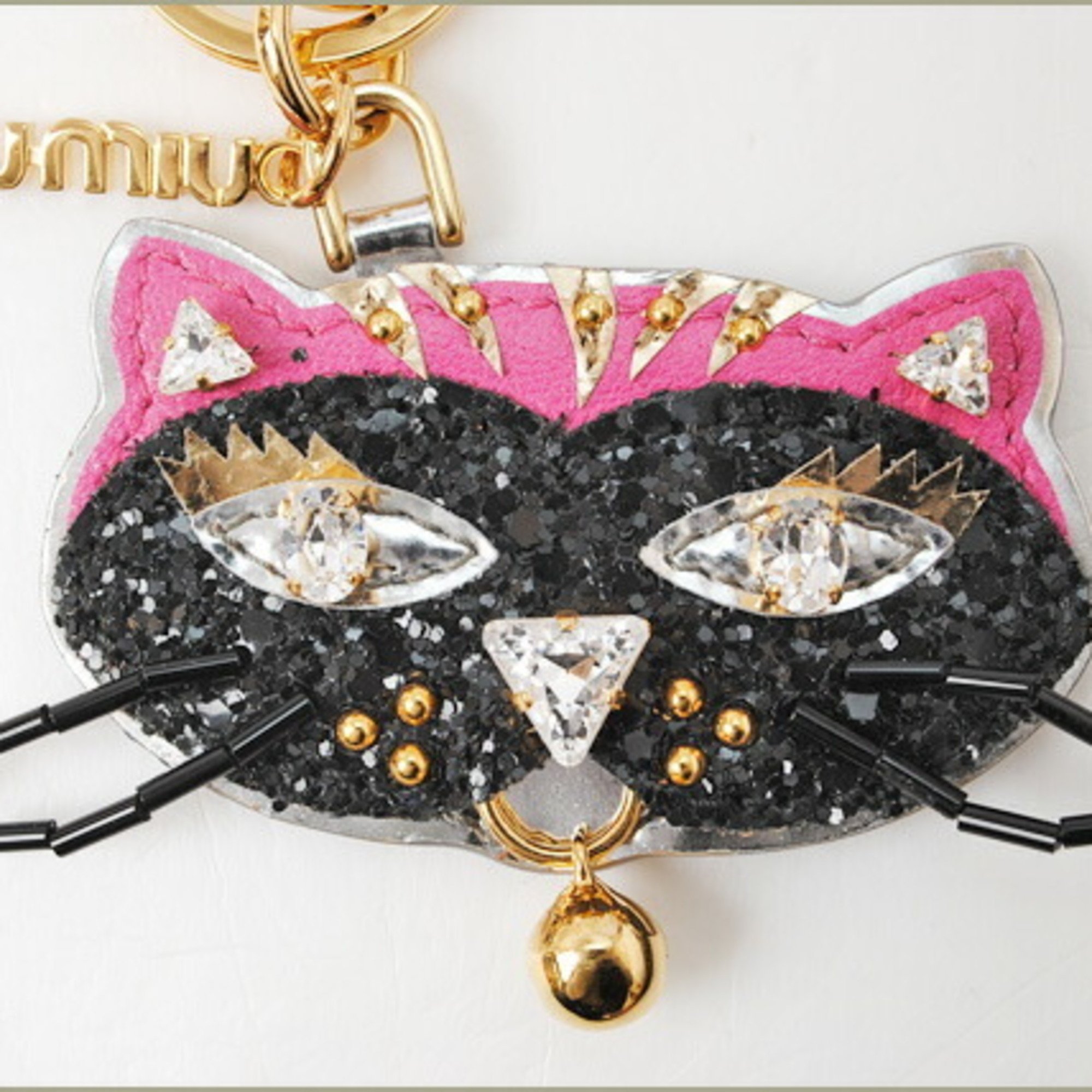 Miu Miu Miu Key Ring Holder Cat Motif 5ARH85 NERO Black Multi Rhinestone