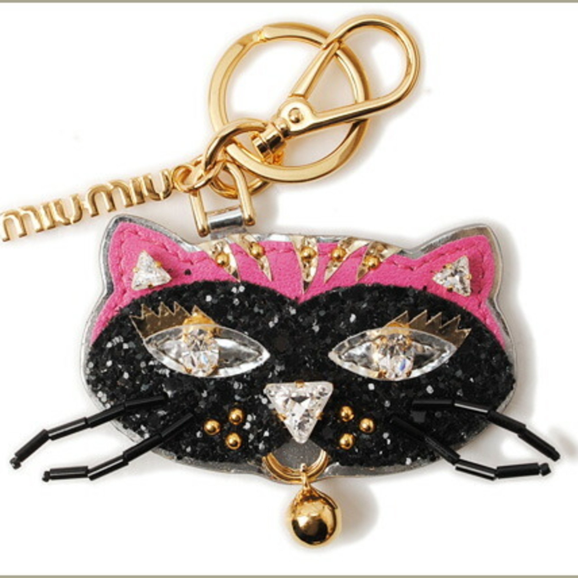 Miu Miu Miu Key Ring Holder Cat Motif 5ARH85 NERO Black Multi Rhinestone