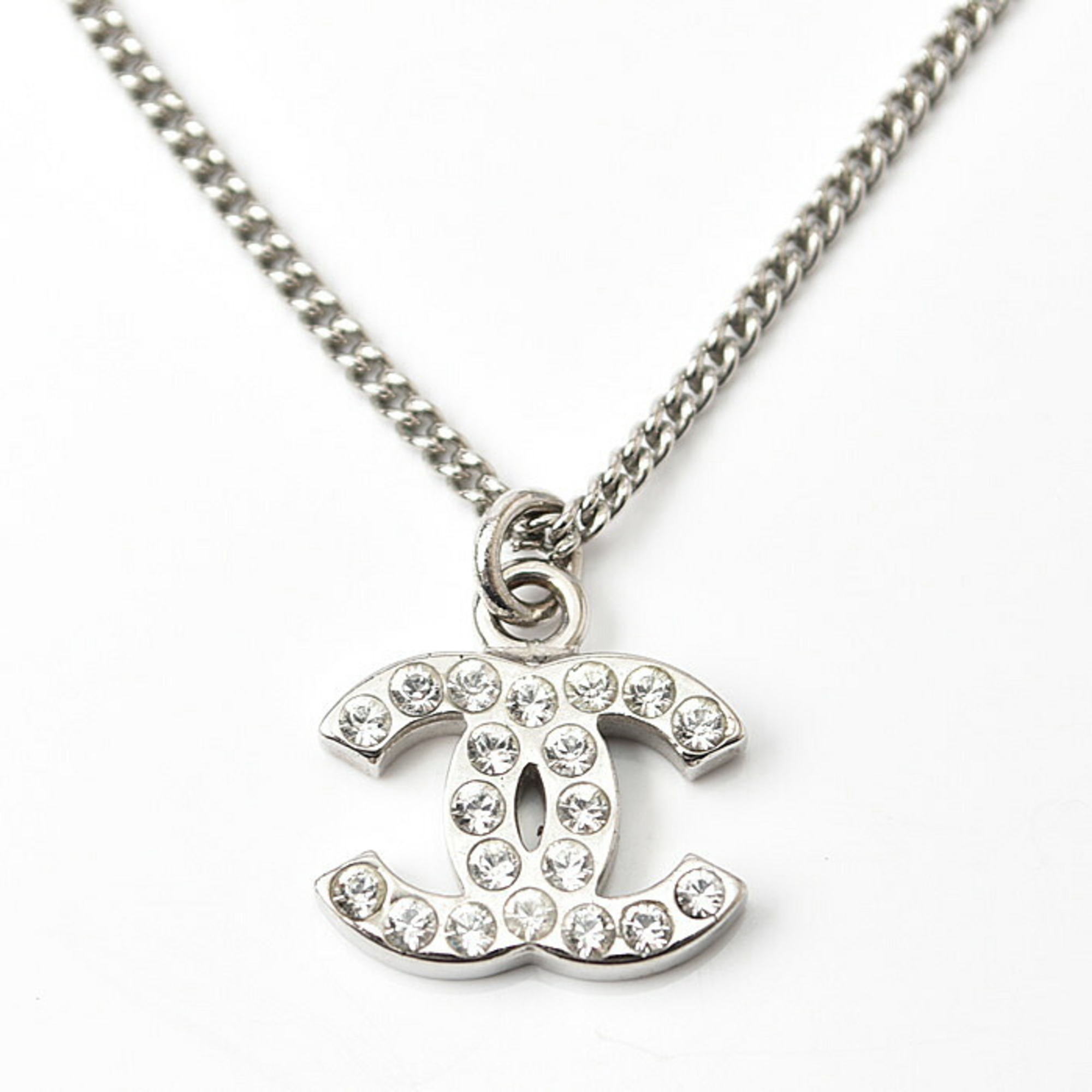 Chanel Necklace Pendant CHANEL Coco Mark CC Rhinestone Silver White