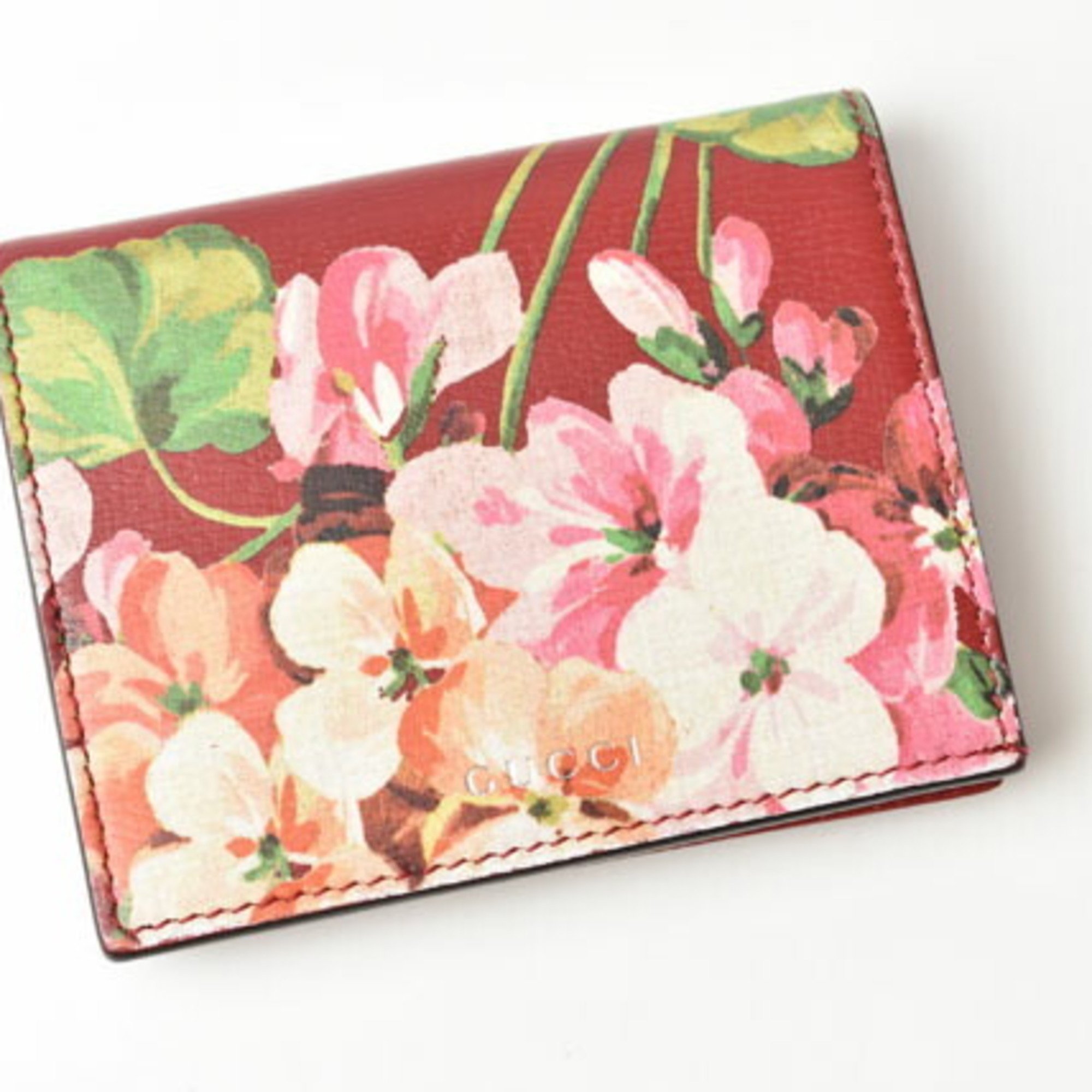 Gucci Wallet Card Case GUCCI Folding Blooms Flower Print Leather Cherry 410120