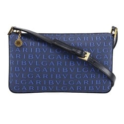 BVLGARI Mania Shoulder Bag Pouch Nylon Canvas x Leather Navy Blue Logo Women's
