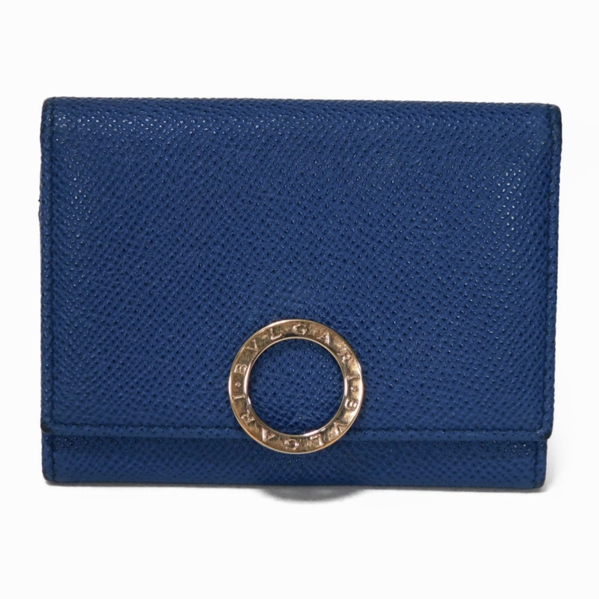 BVLGARI Card Case Clip Holder Grain Calf Leather Bi-Fold Pass Business Blue Dahlia 36322 Women's