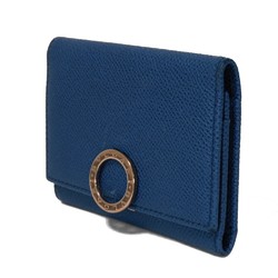 BVLGARI Card Case Clip Holder Grain Calf Leather Bi-Fold Pass Business Blue Dahlia 36322 Women's