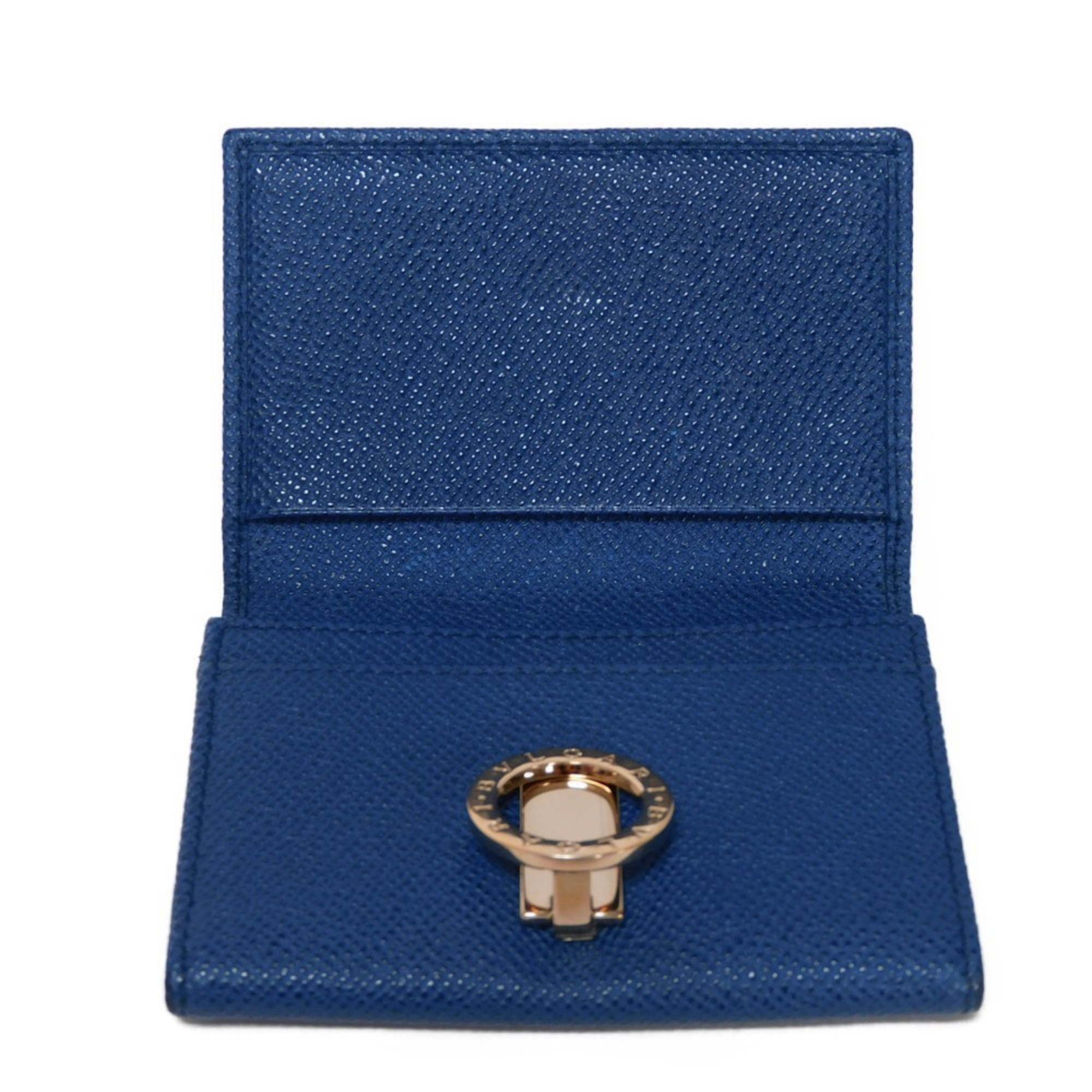 BVLGARI Card Case Clip Holder Grain Calf Leather Bi-Fold Pass Business Blue Dahlia 36322 Women's