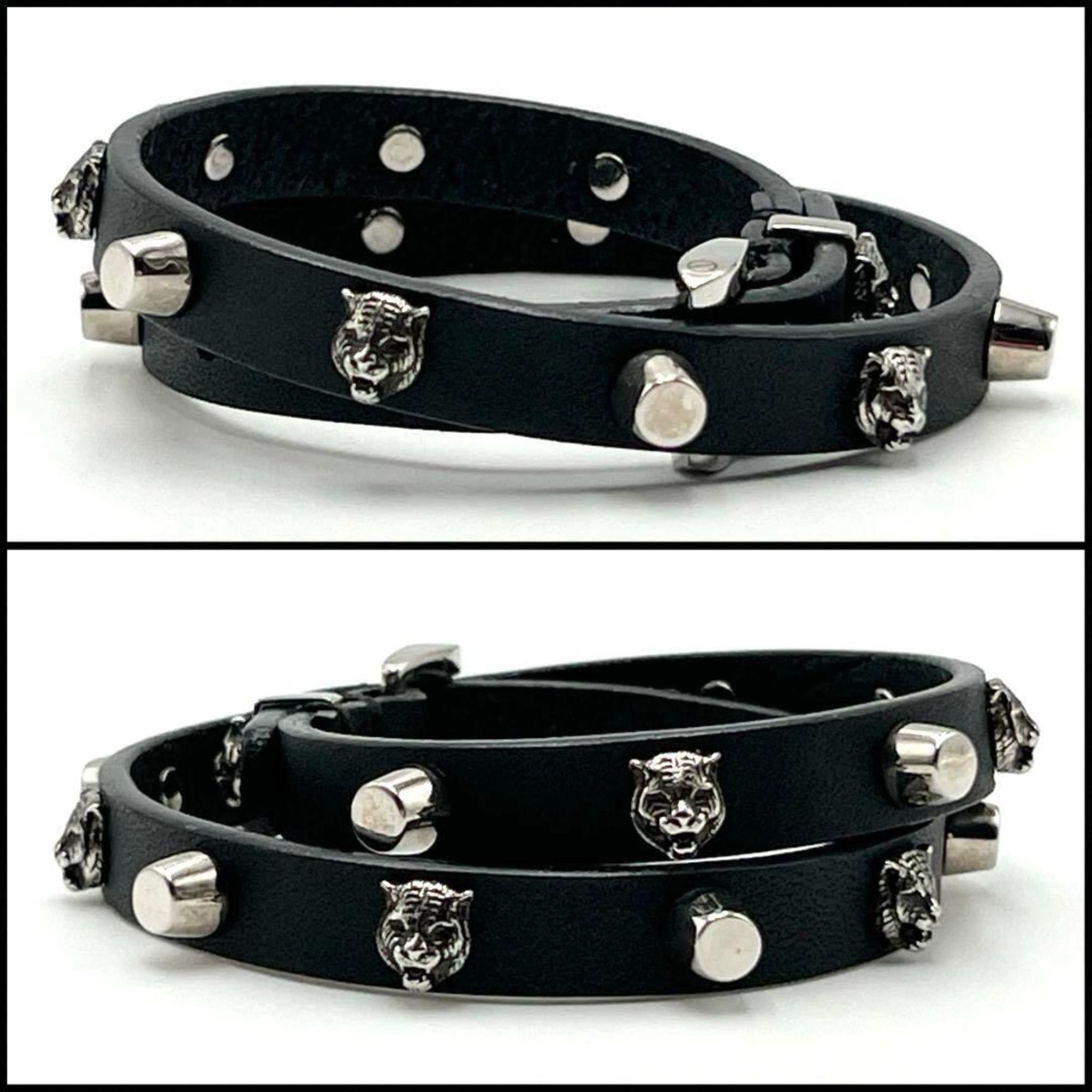 GUCCI Women's Bracelet Choker Tiger Head Black Leather