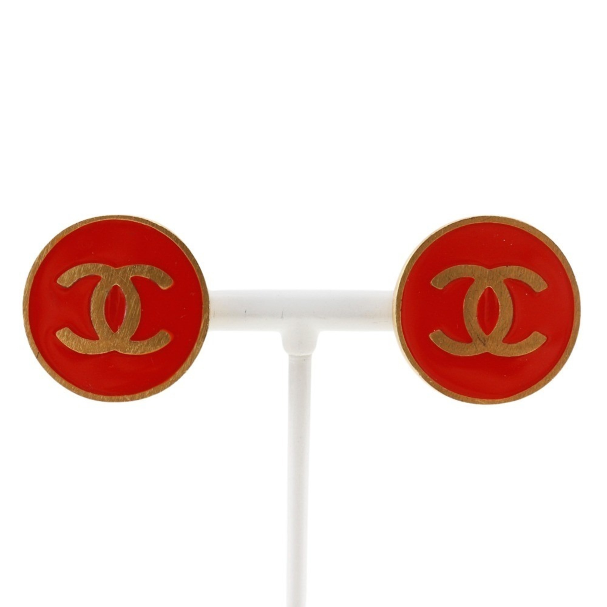 CHANEL Earrings, Gold Plated, Red, Approx. 8.5g, Women's