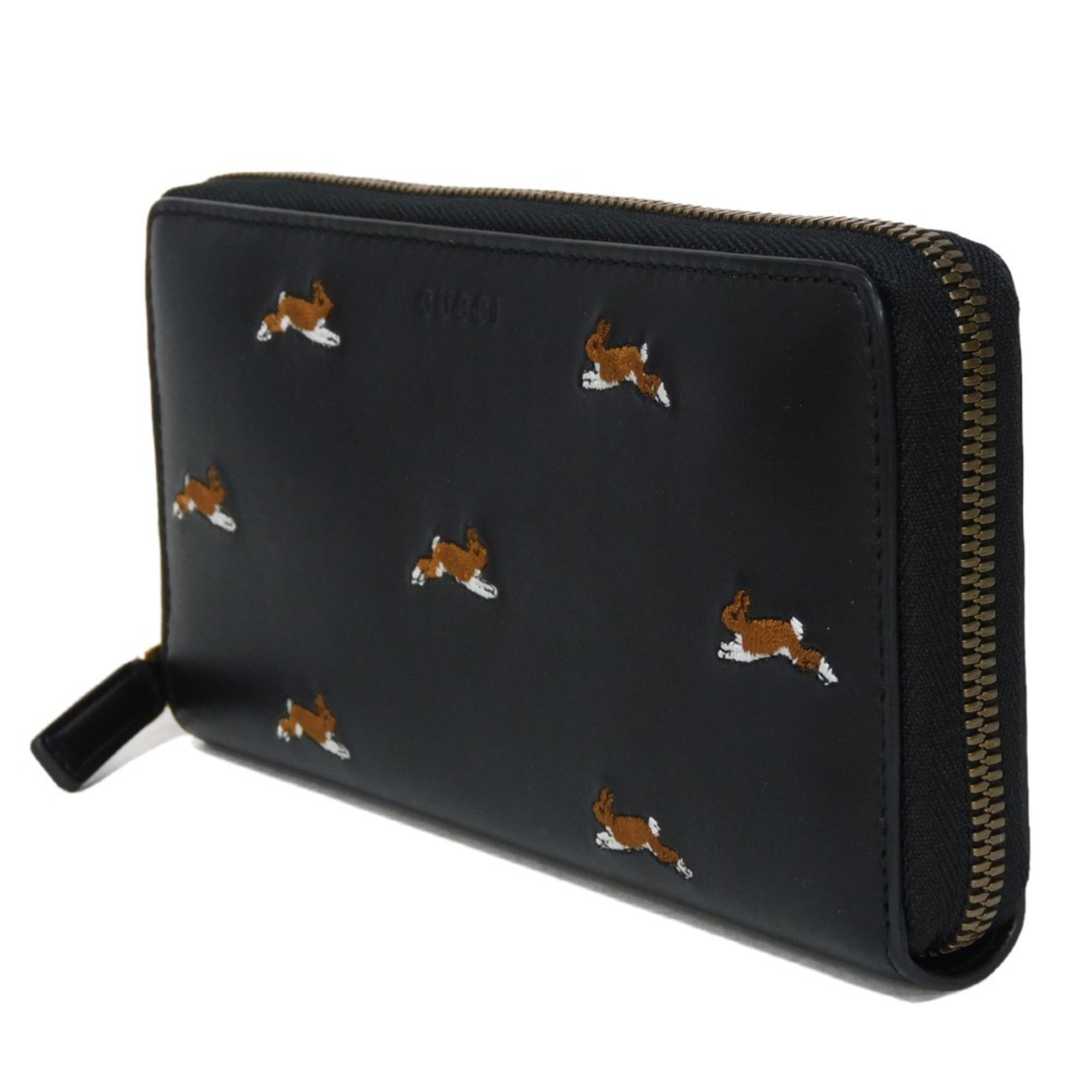 GUCCI Rabbit Embroidery Zip Around Wallet, Round Embossed, Black, 428785, Men's and Women's Long, Billfold