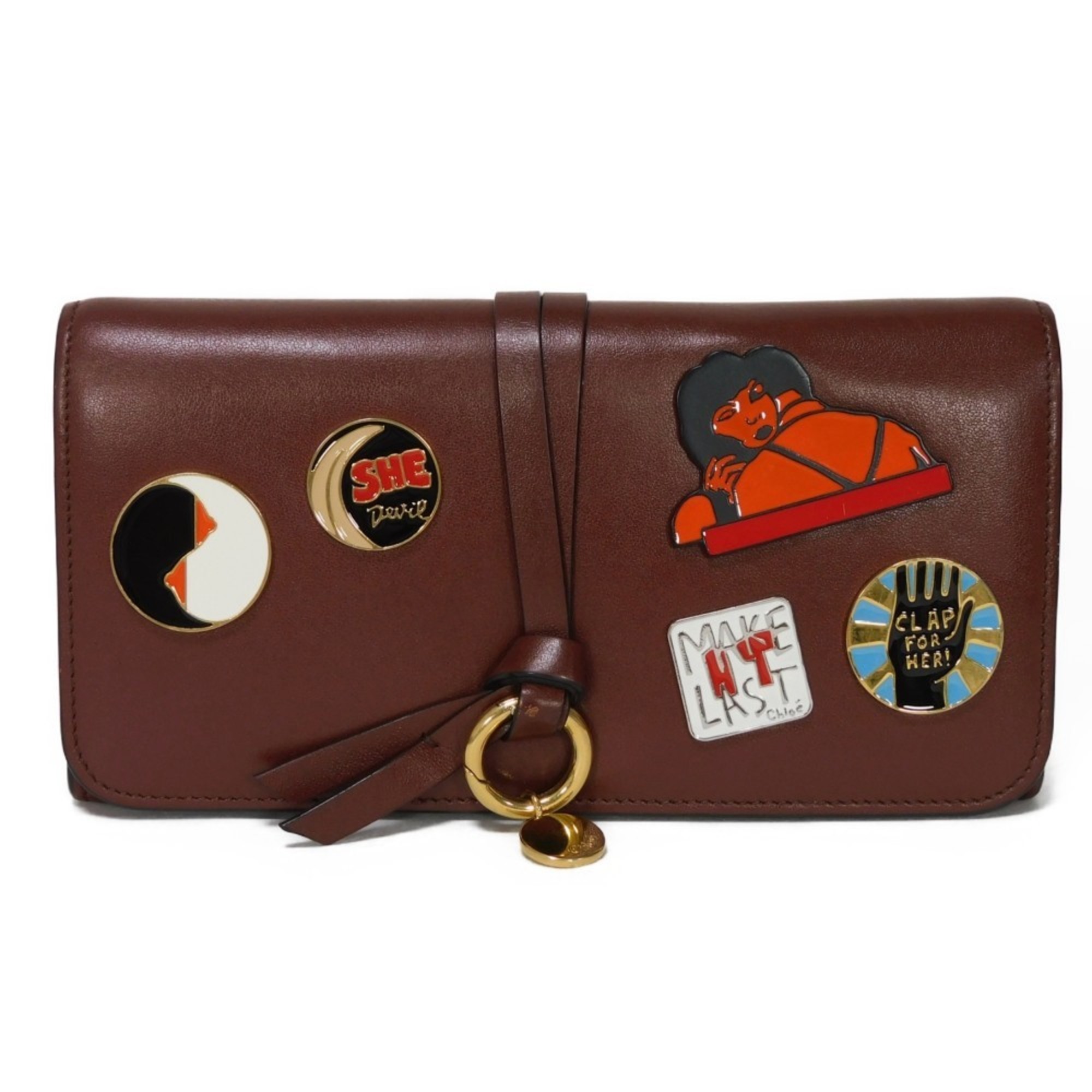 Chloé Chloe Long Wallet Alphabet Flap Charm Smooth Calf Badge Dark Brown Women's Bill Compartment