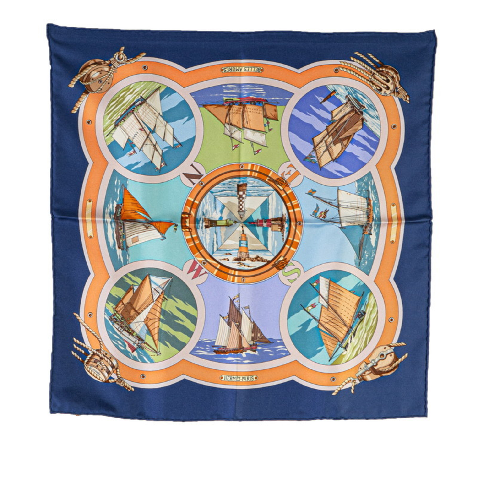 Hermes Carré 45 BELLES AMURES Sail Aesthetics Scarf Muffler Navy Multicolor Silk Women's HERMES