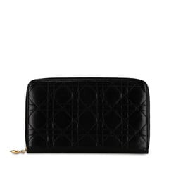Christian Dior Dior Cannage Round Long Wallet Black Leather Women's